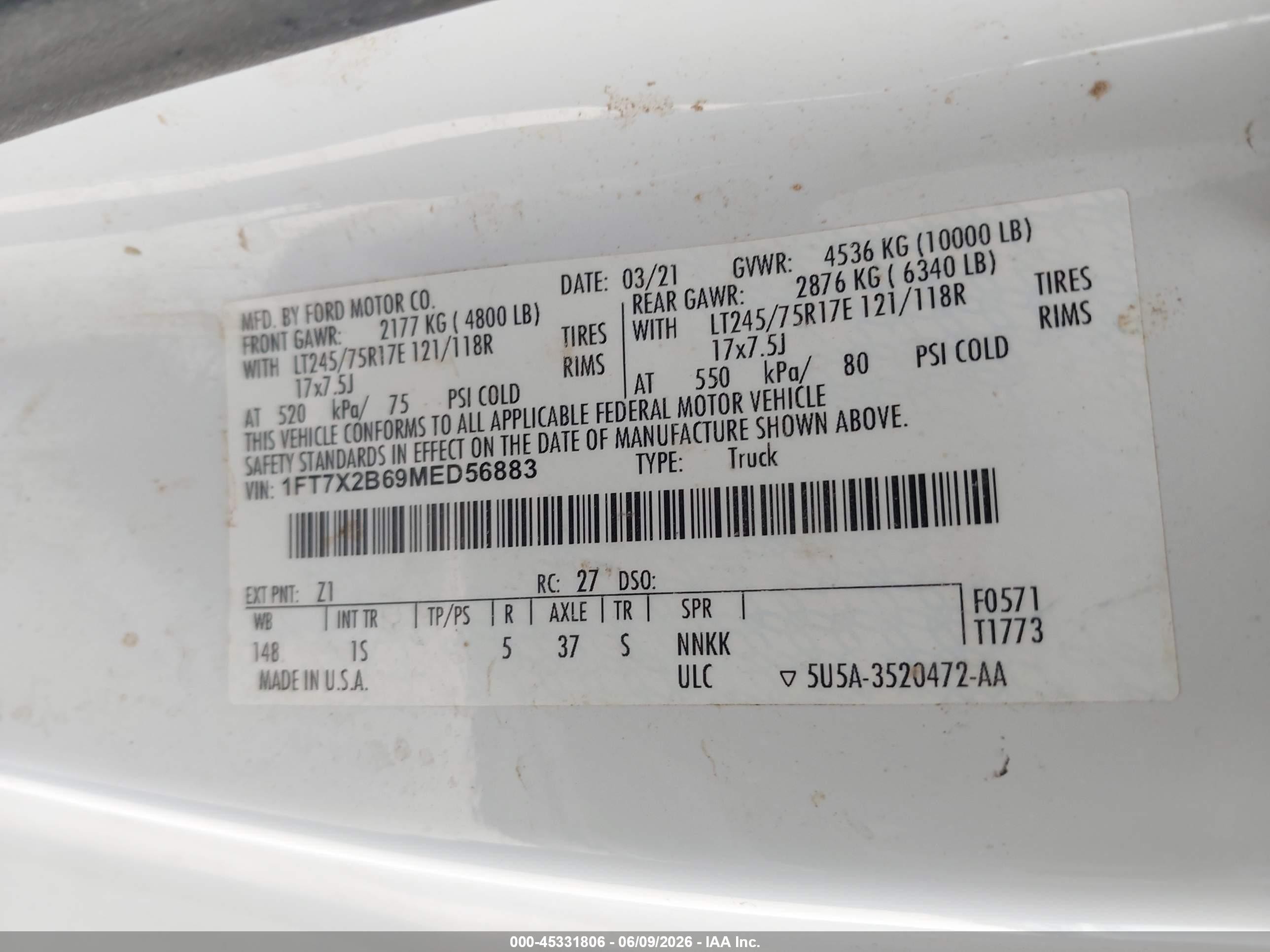 2021 Ford F-250 Xl White vin: 1FT7X2B69MED56883