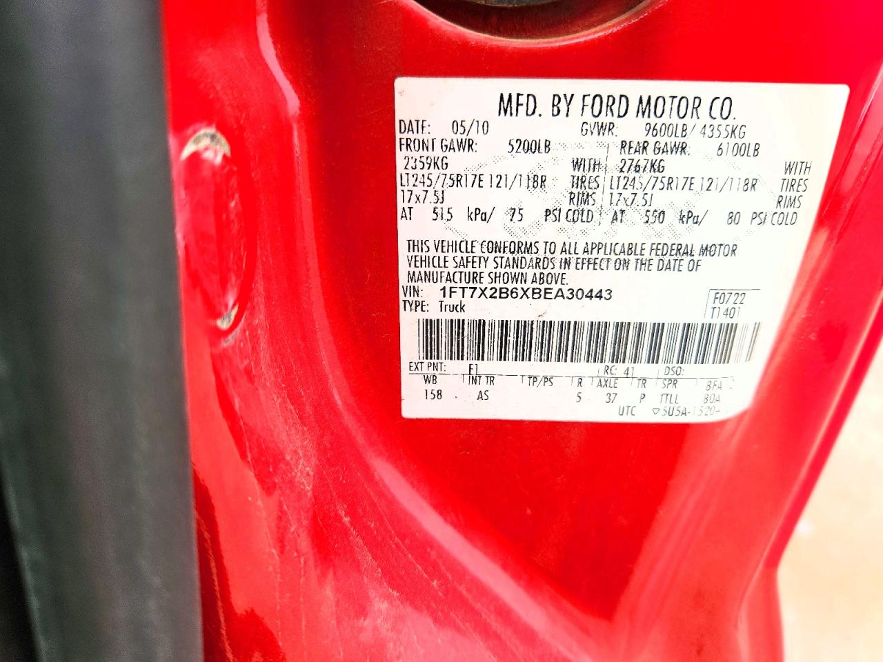 2011 Ford F250 Super Duty Red vin: 1FT7X2B6XBEA30443