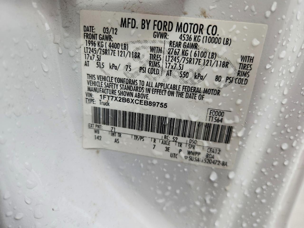 2012 Ford F250 Super Duty White vin: 1FT7X2B6XCEB89755
