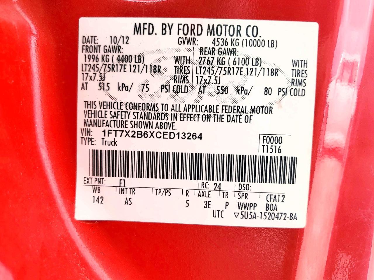 2012 Ford F250 Super Duty Red vin: 1FT7X2B6XCED13264