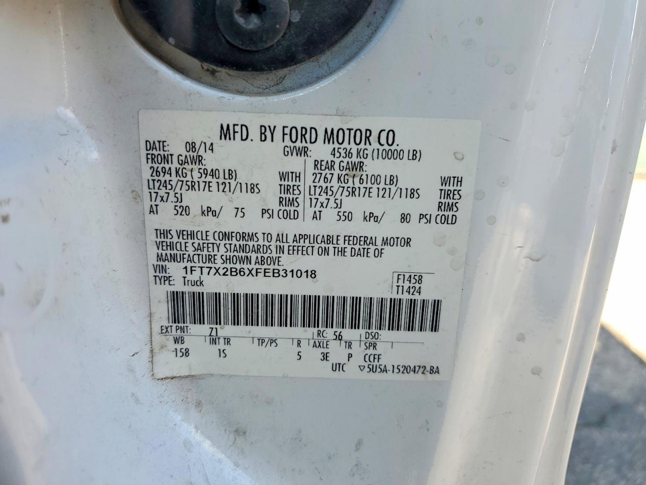 2015 Ford F250 Super Duty White vin: 1FT7X2B6XFEB31018