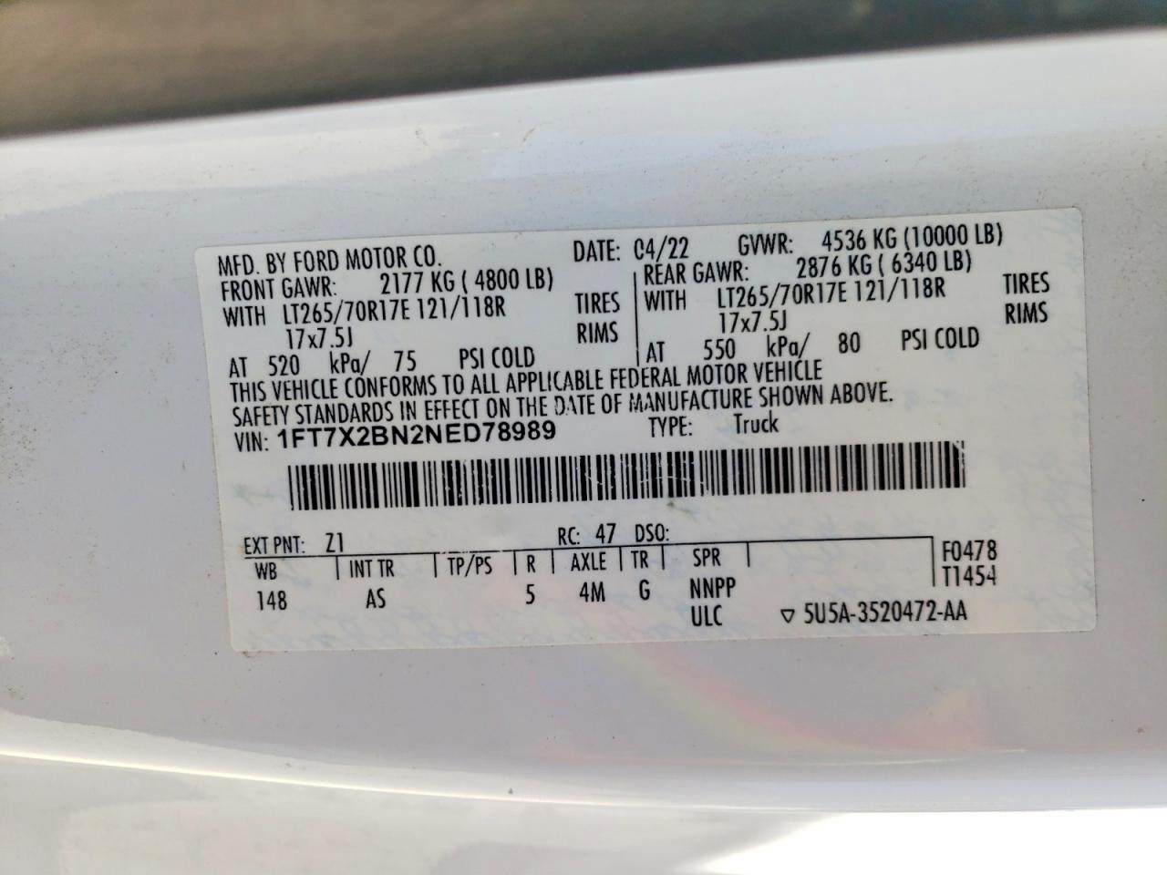 2022 Ford F250 Super Duty White vin: 1FT7X2BN2NED78989
