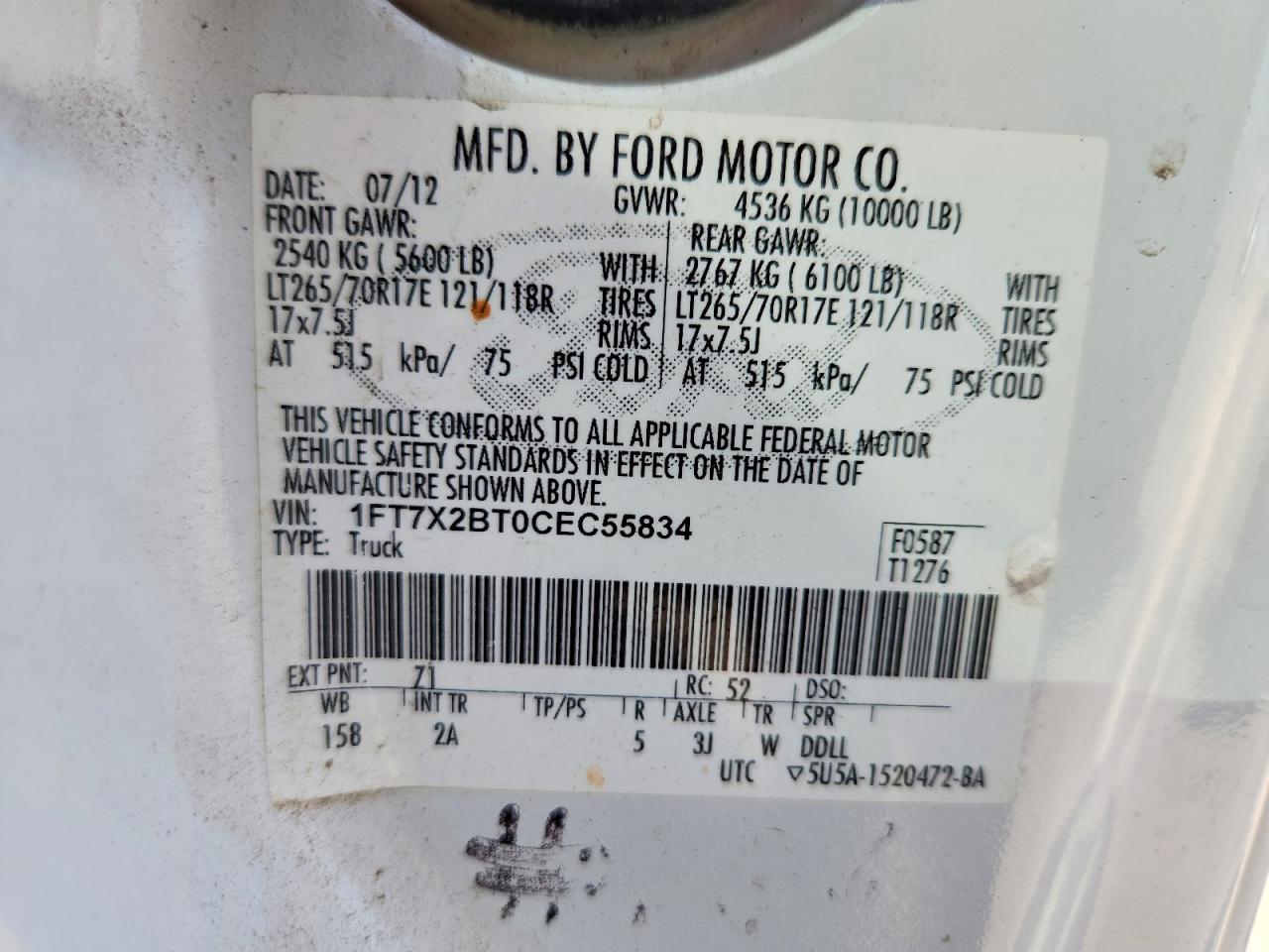 2012 Ford F250 Super Duty White vin: 1FT7X2BT0CEC55834