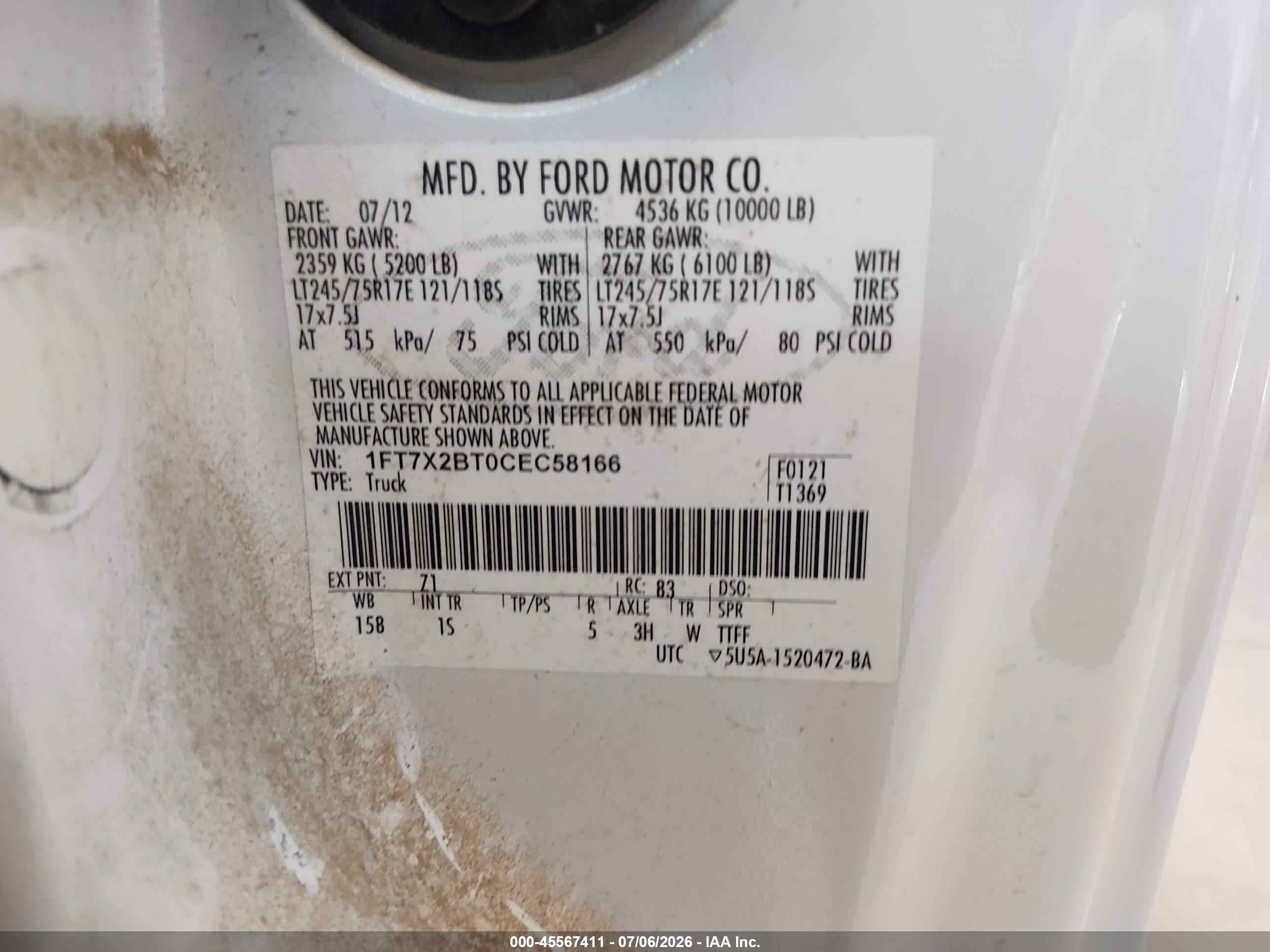 2012 Ford Super Duty F-250 Srw Lariat/xl/xlt White vin: 1FT7X2BT0CEC58166