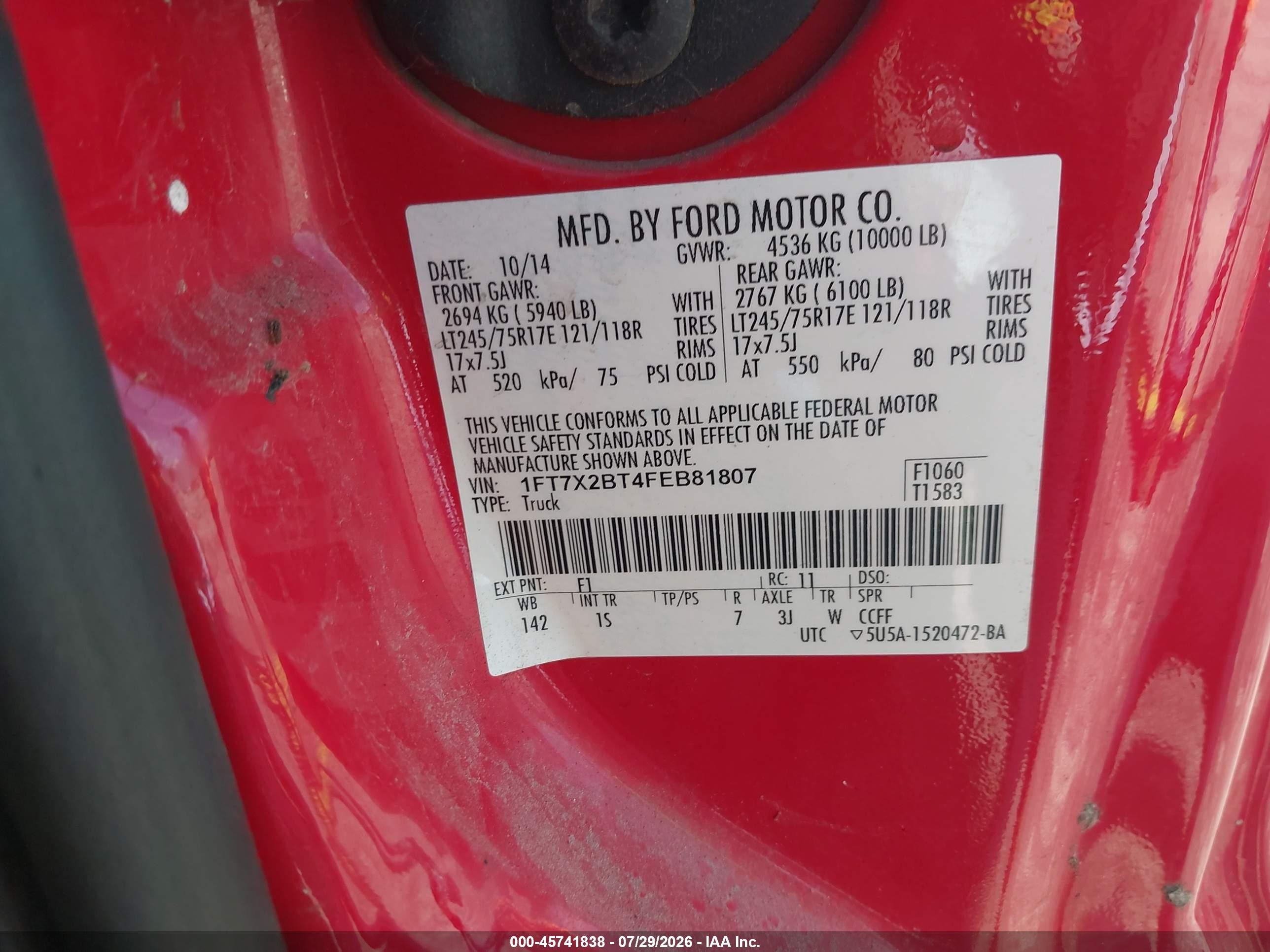 2015 Ford F-250 Xl Red vin: 1FT7X2BT4FEB81807