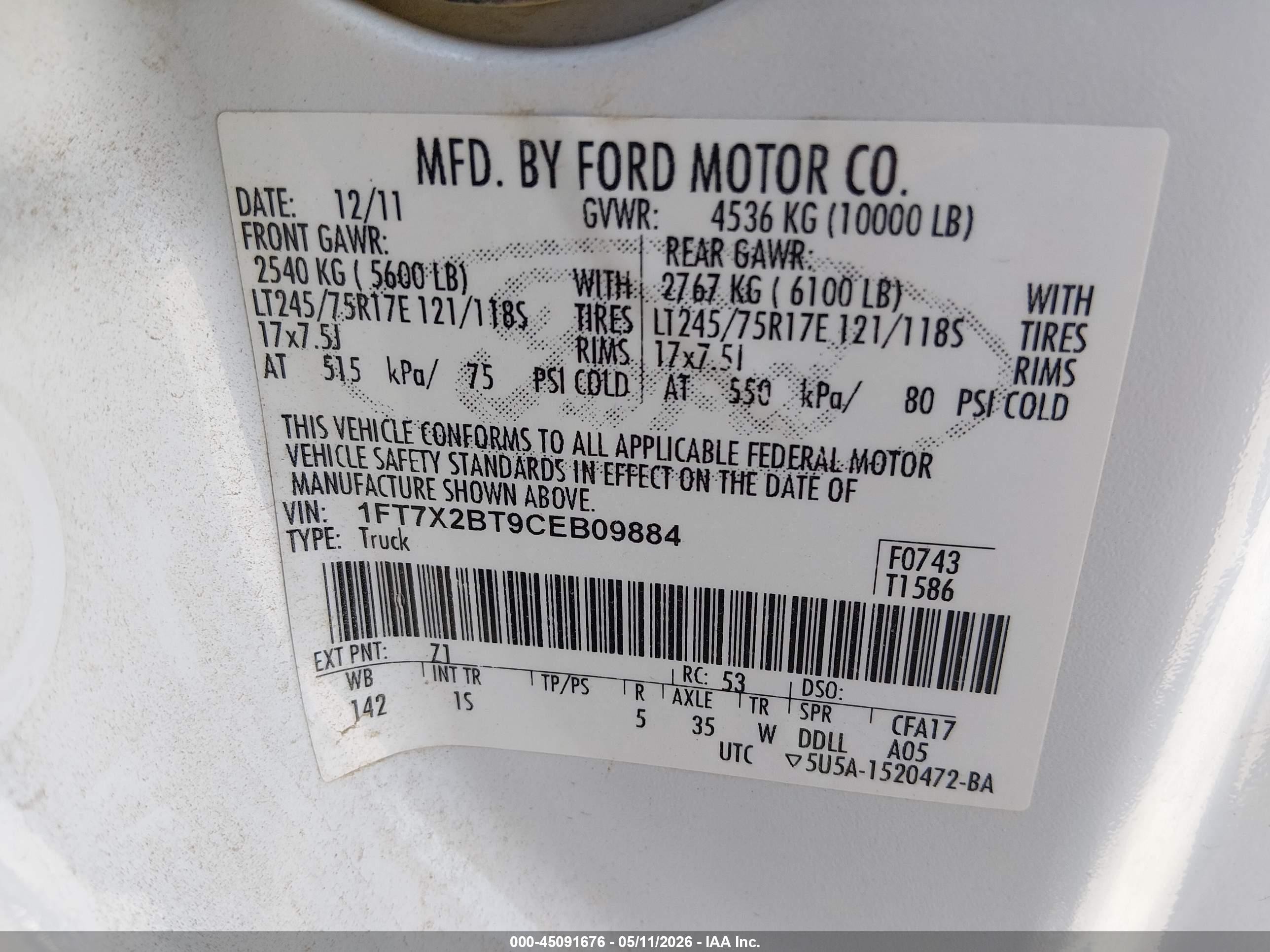 2012 Ford F-250 Xl White vin: 1FT7X2BT9CEB09884