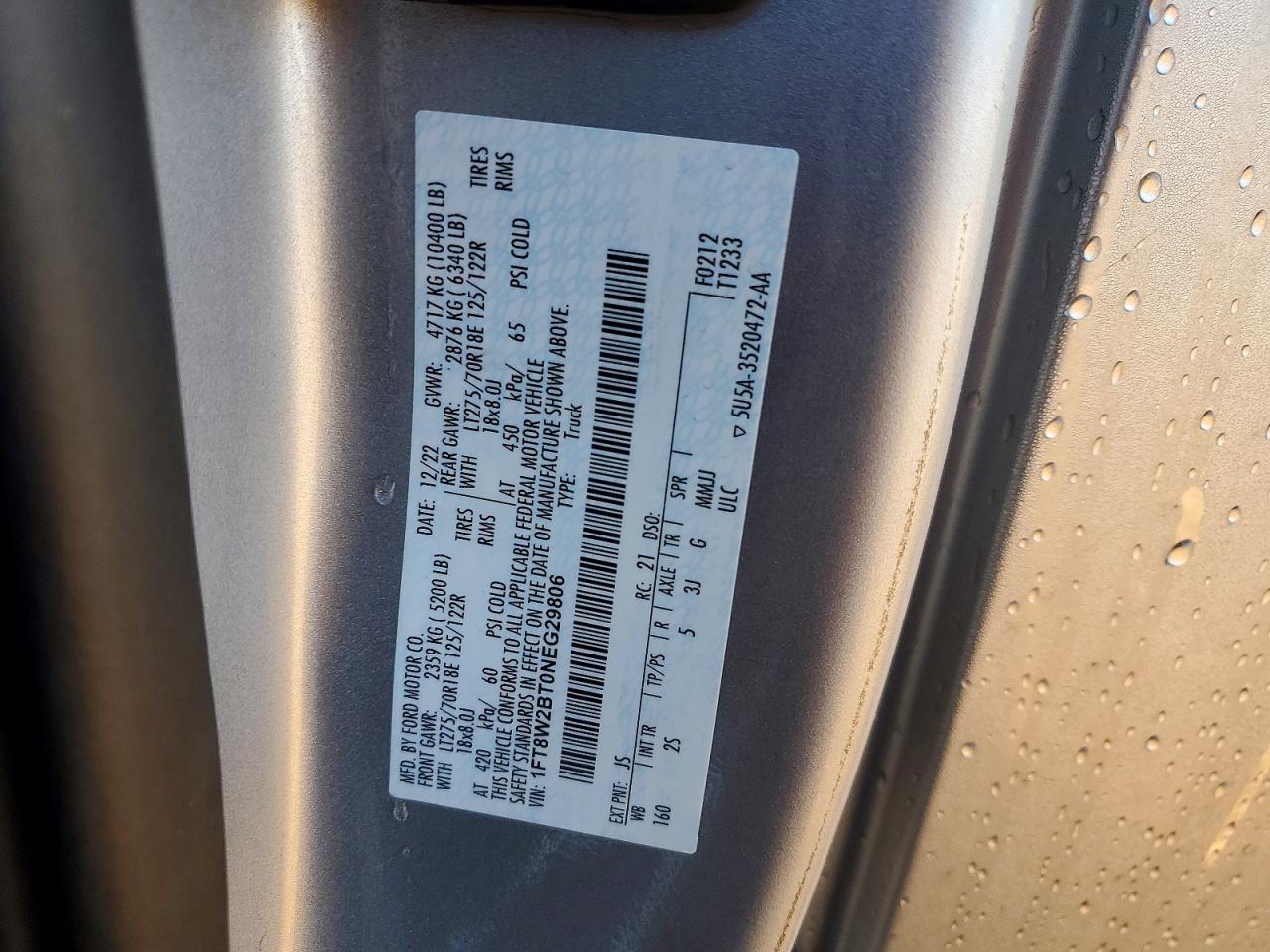 2022 Ford F250 Super Duty Silver vin: 1FT8W2BT0NEG29806
