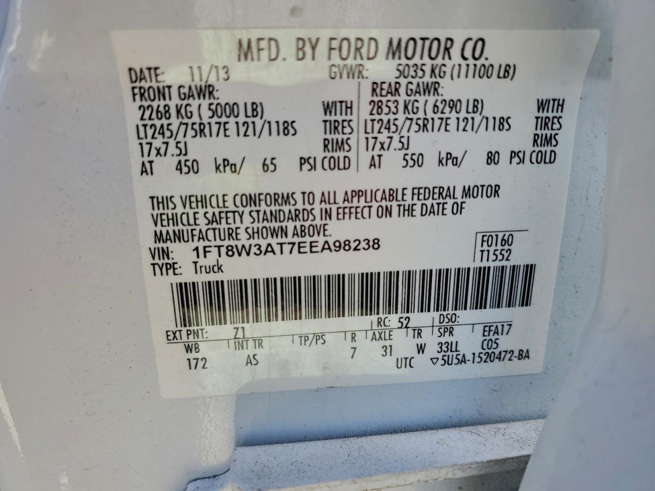 2014 Ford F350 Super Duty White vin: 1FT8W3AT7EEA98238