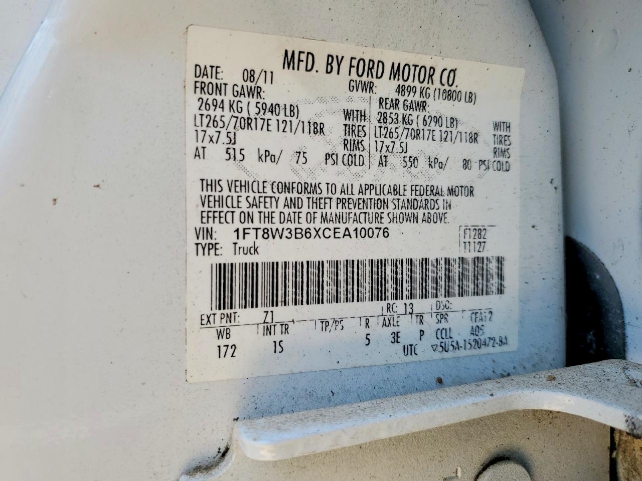 2012 Ford F350 Super Duty White vin: 1FT8W3B6XCEA10076