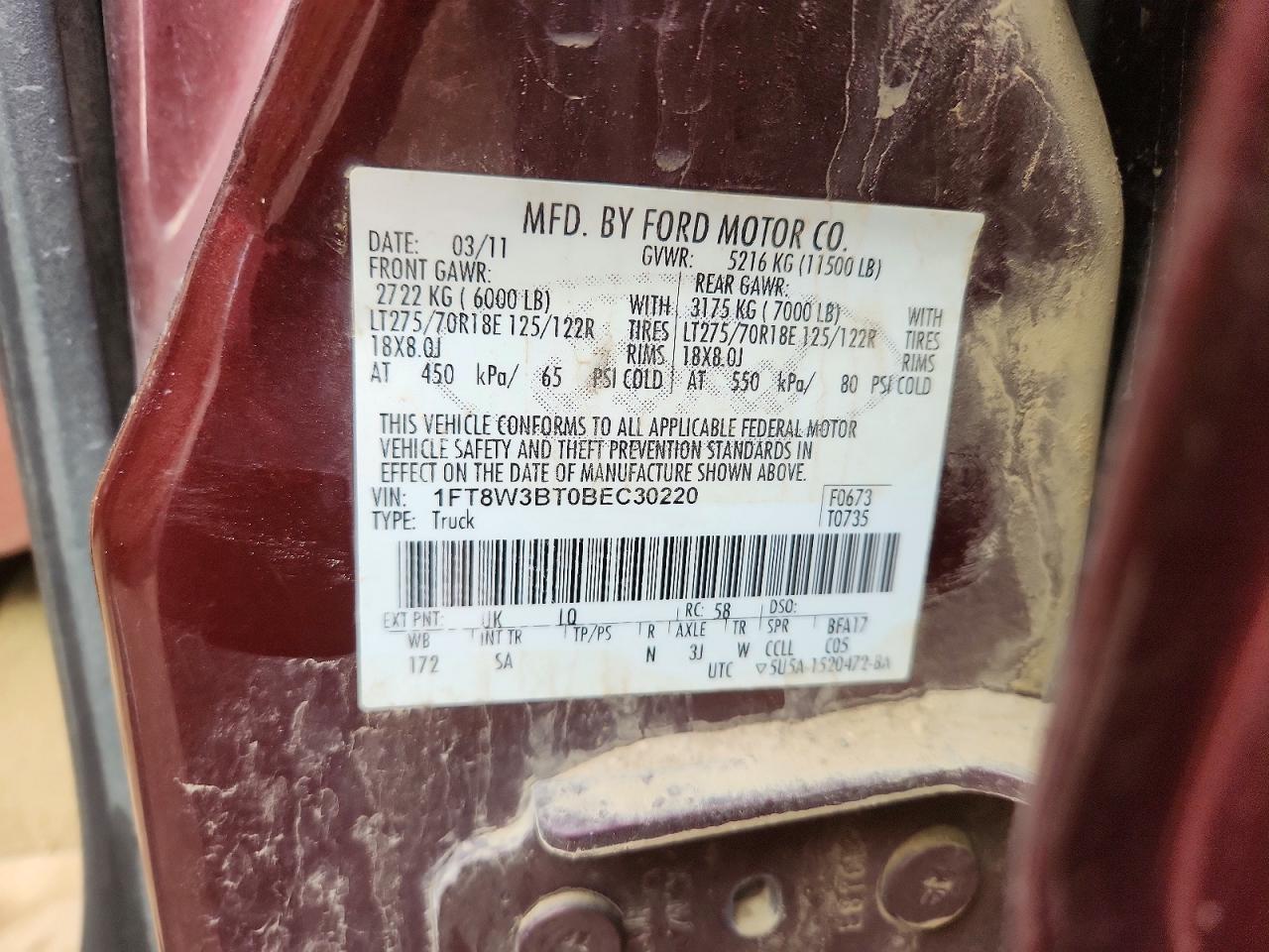 2011 Ford F350 Super Duty Burgundy vin: 1FT8W3BT0BEC30220