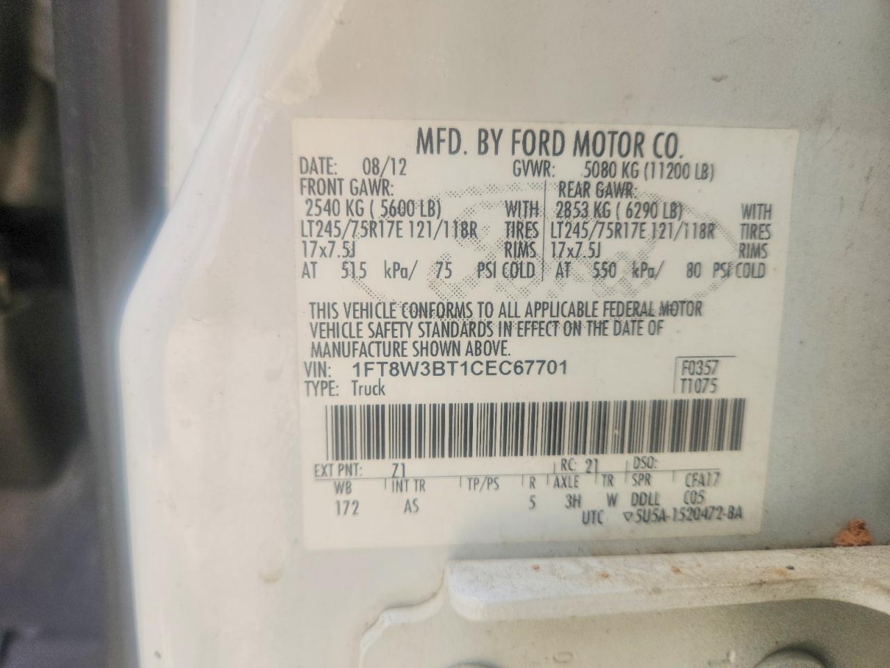 2012 Ford F350 Super Duty White vin: 1FT8W3BT1CEC67701