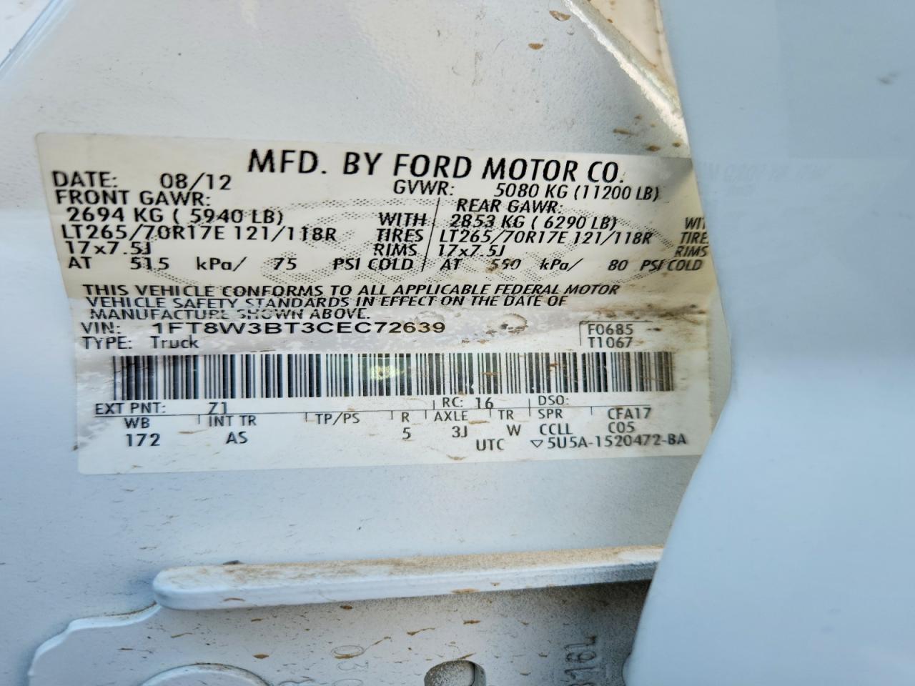 2012 Ford F350 Super Duty White vin: 1FT8W3BT3CEC72639