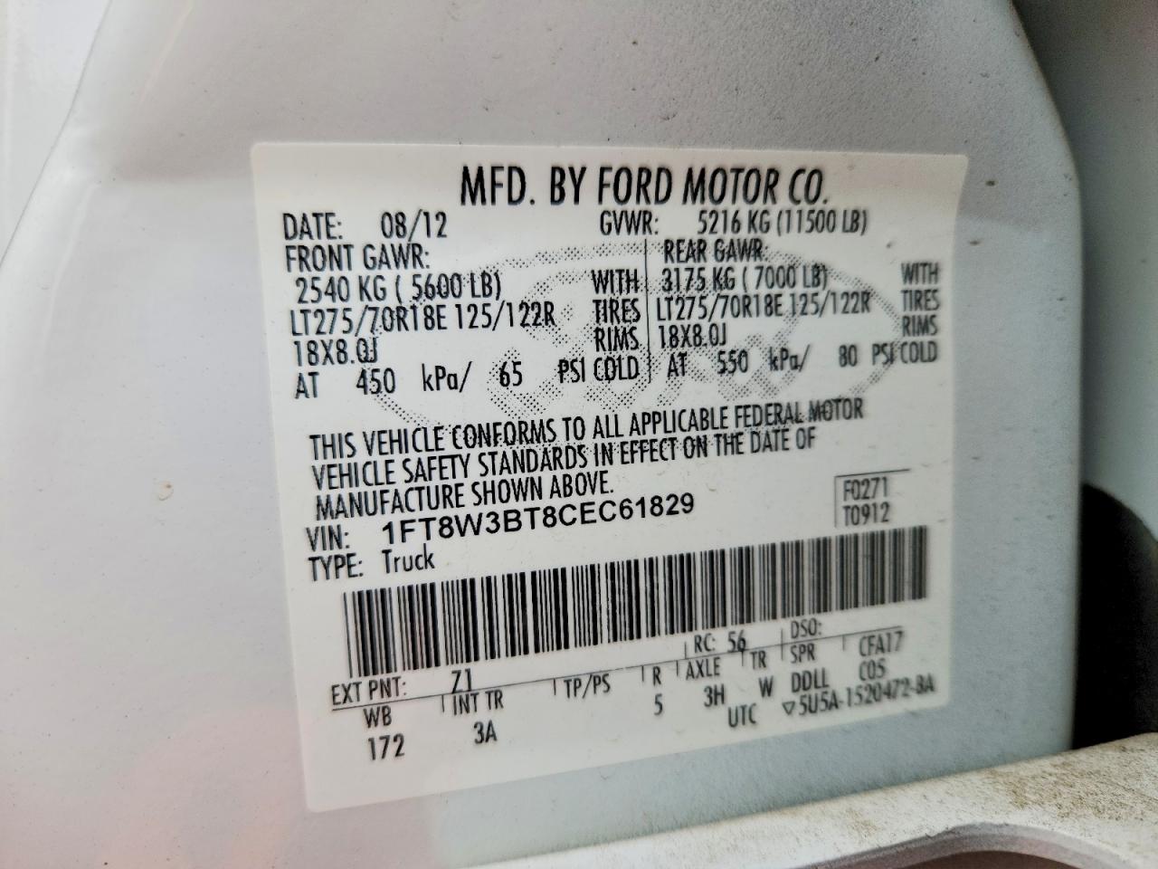 2012 Ford F350 Srw Super Duty White vin: 1FT8W3BT8CEC61829
