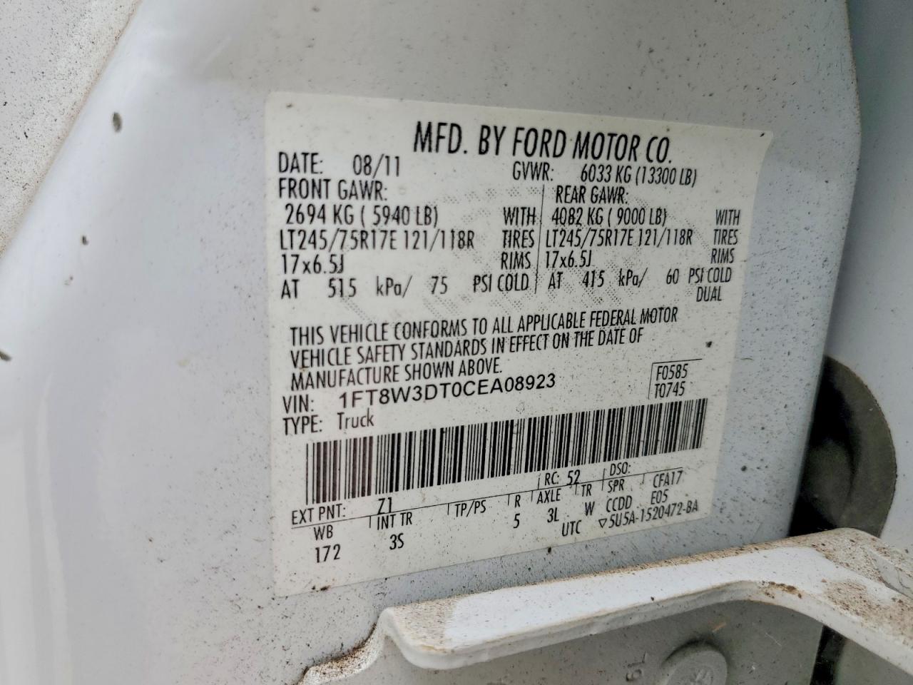 2012 Ford F350 Super Duty White vin: 1FT8W3DT0CEA08923