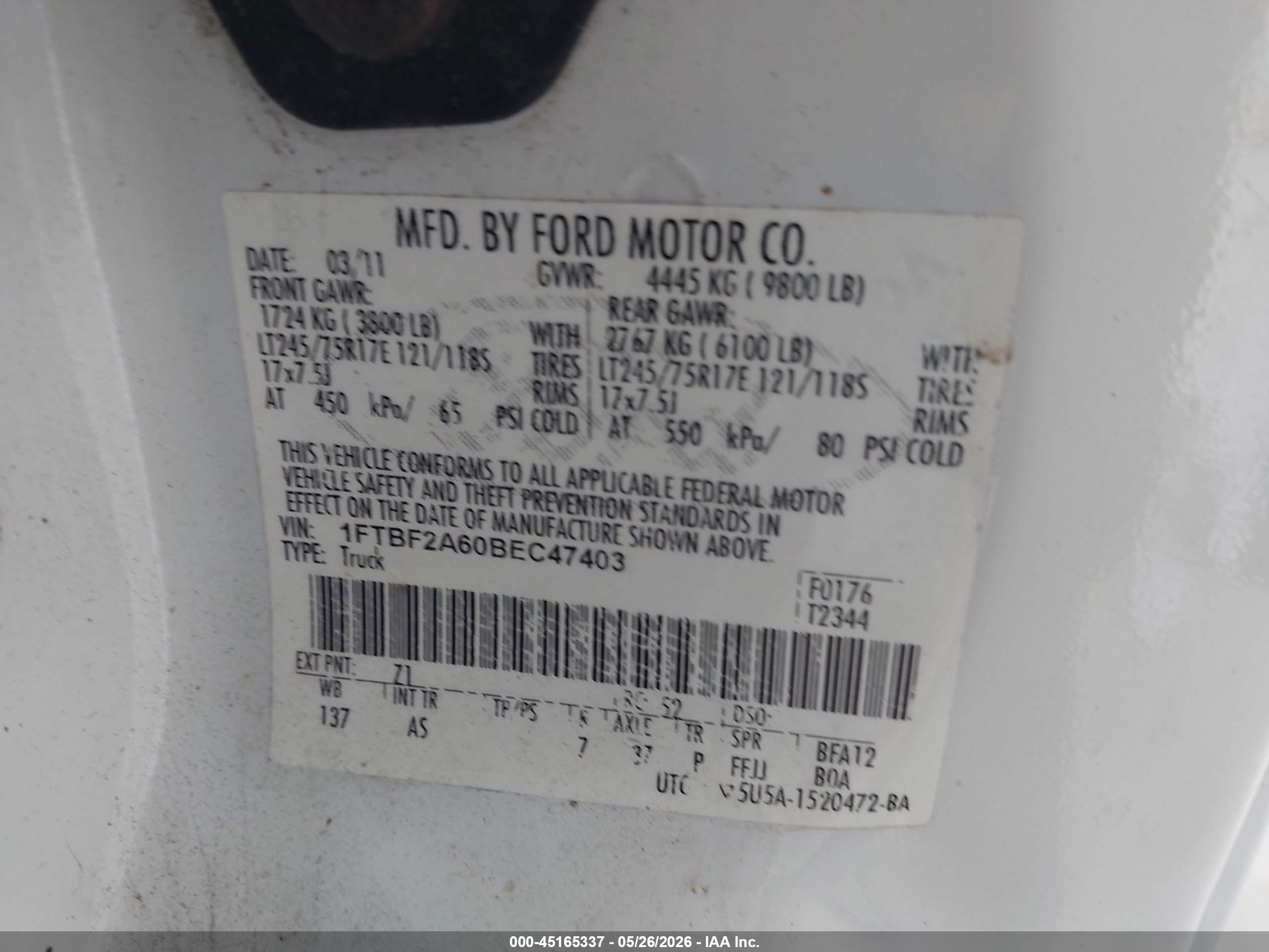 2011 Ford F-250 Xl White vin: 1FTBF2A60BEC47403
