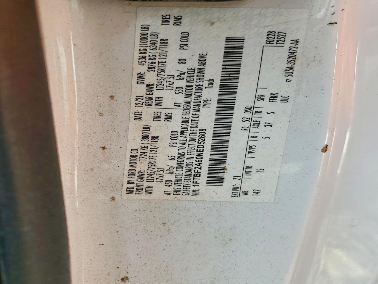 2022 Ford F250 Super Duty White vin: 1FTBF2A60NED52608