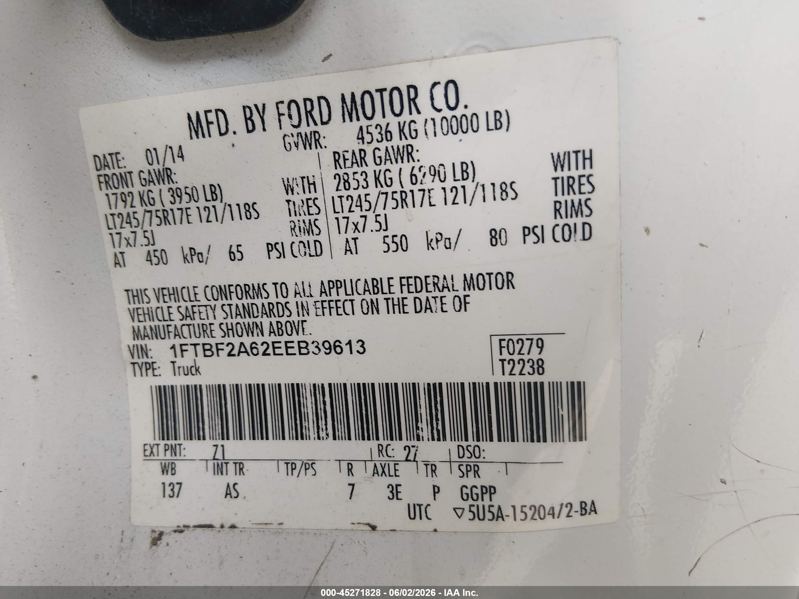 2014 Ford F-250 Xl White vin: 1FTBF2A62EEB39613