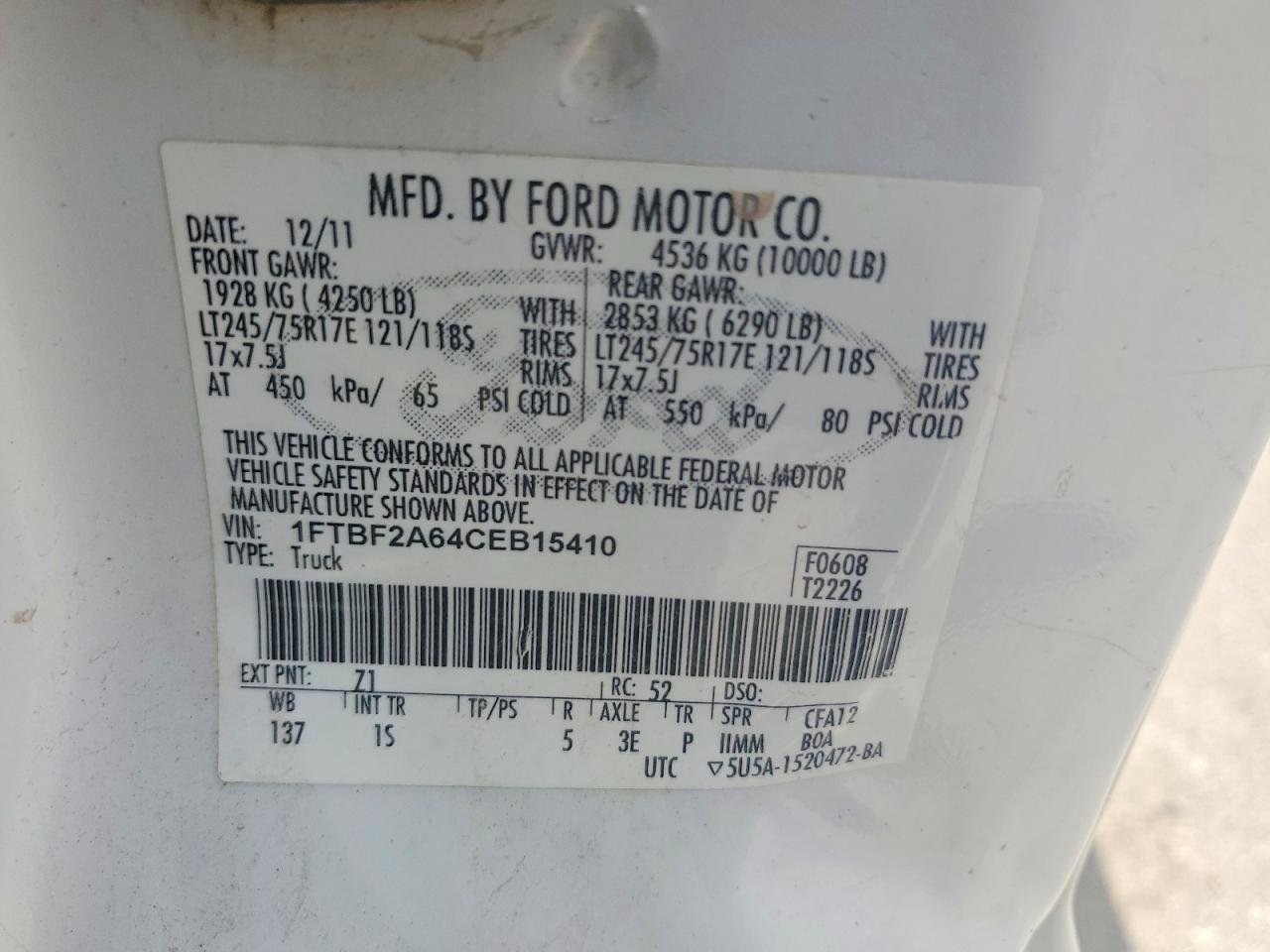 2012 Ford F250 Super Duty White vin: 1FTBF2A64CEB15410