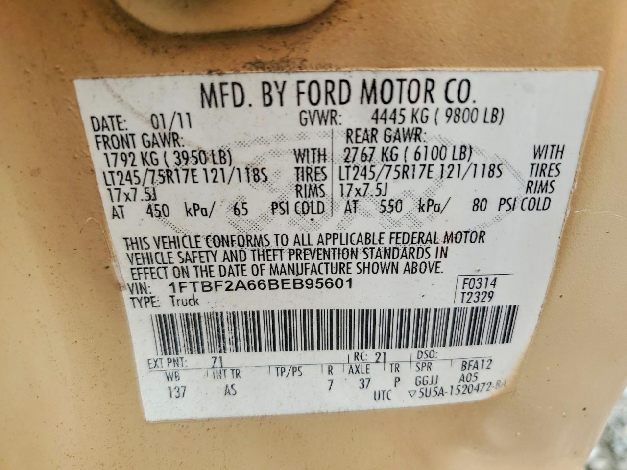 2011 Ford F250 Super Duty Beige vin: 1FTBF2A66BEB95601