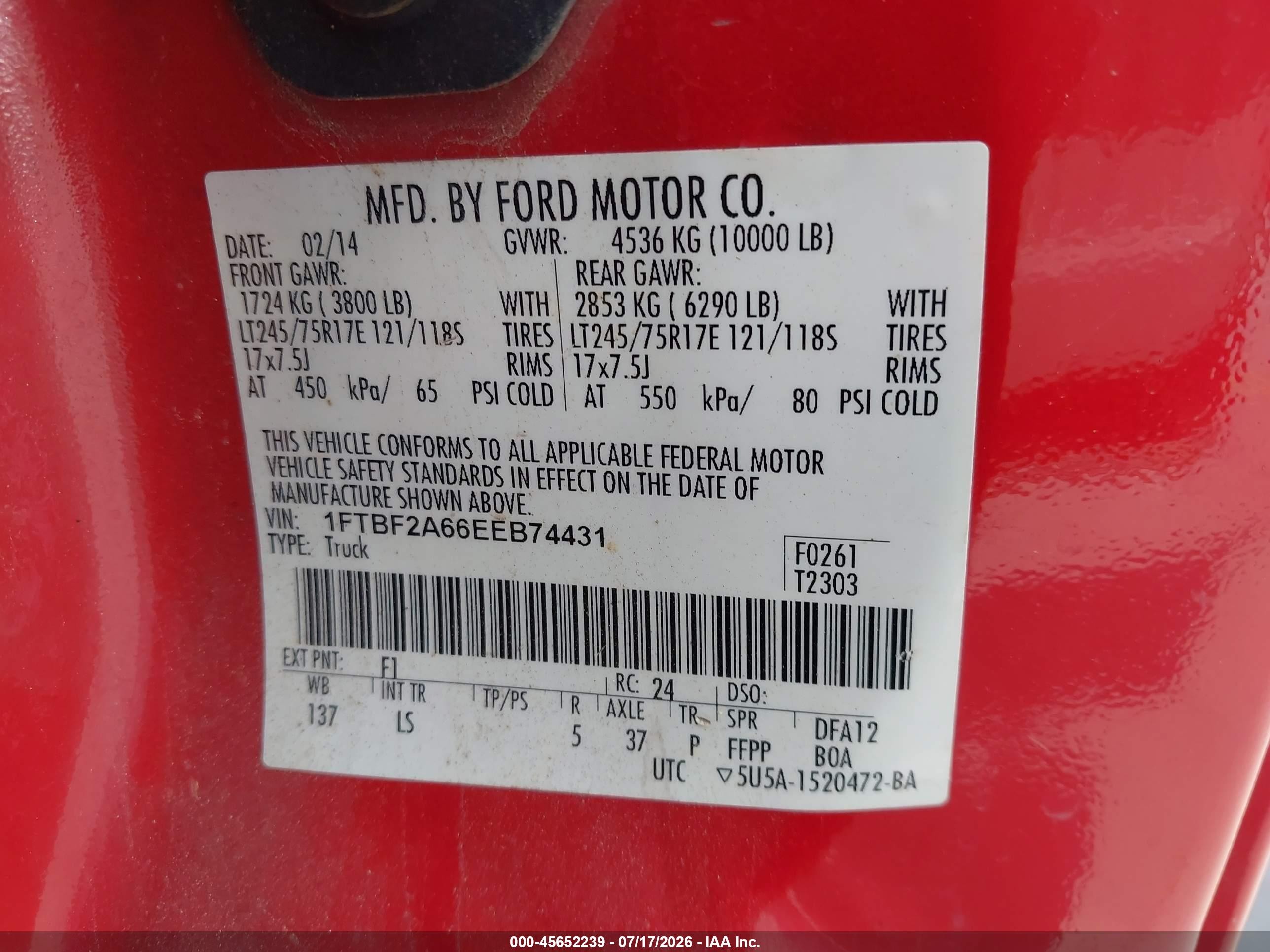2014 Ford F-250 Xl Red vin: 1FTBF2A66EEB74431