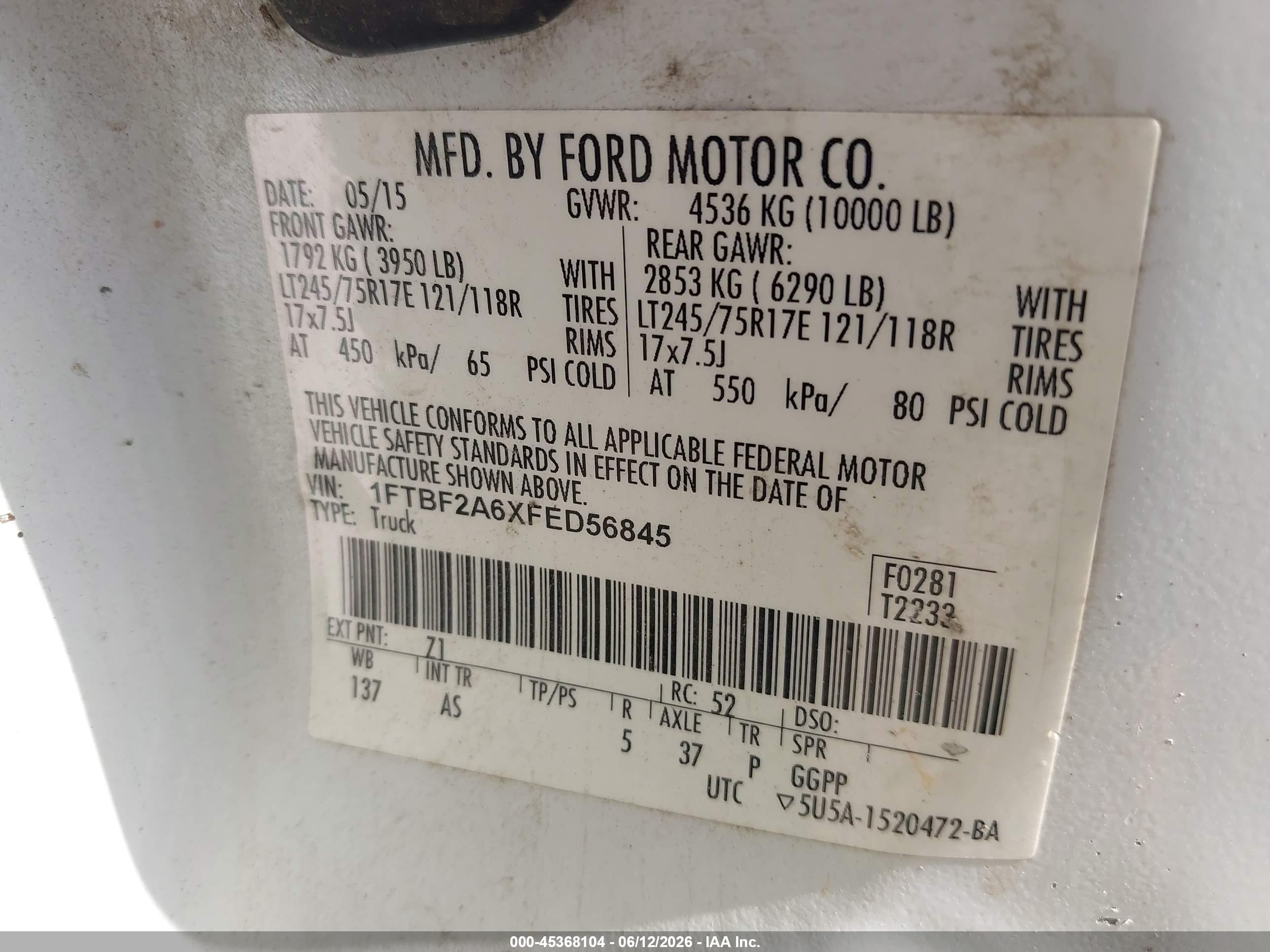 2015 Ford F-250 Xl/xlt White vin: 1FTBF2A6XFED56845
