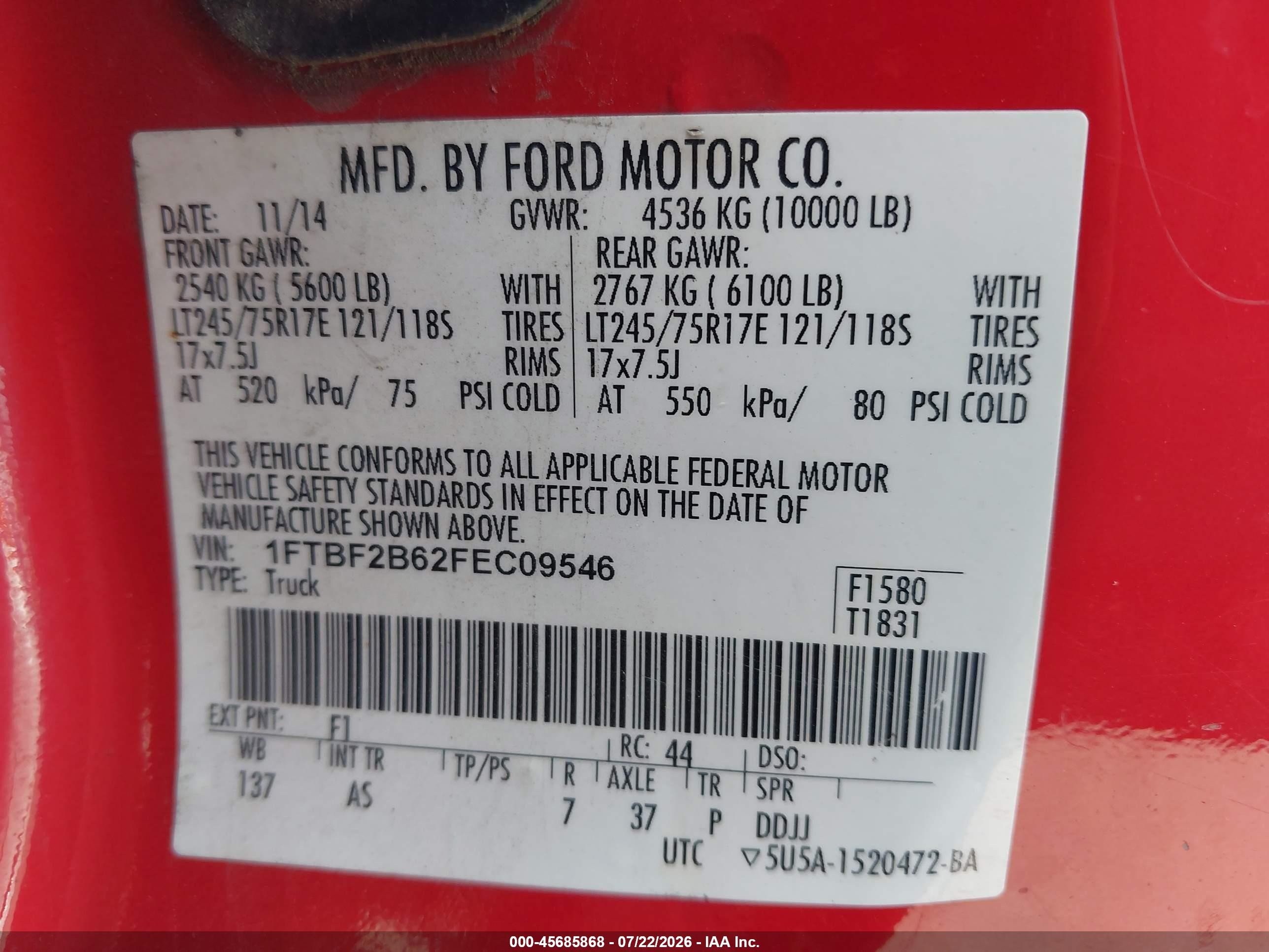 2015 Ford F250 Super Duty Red vin: 1FTBF2B62FEC09546