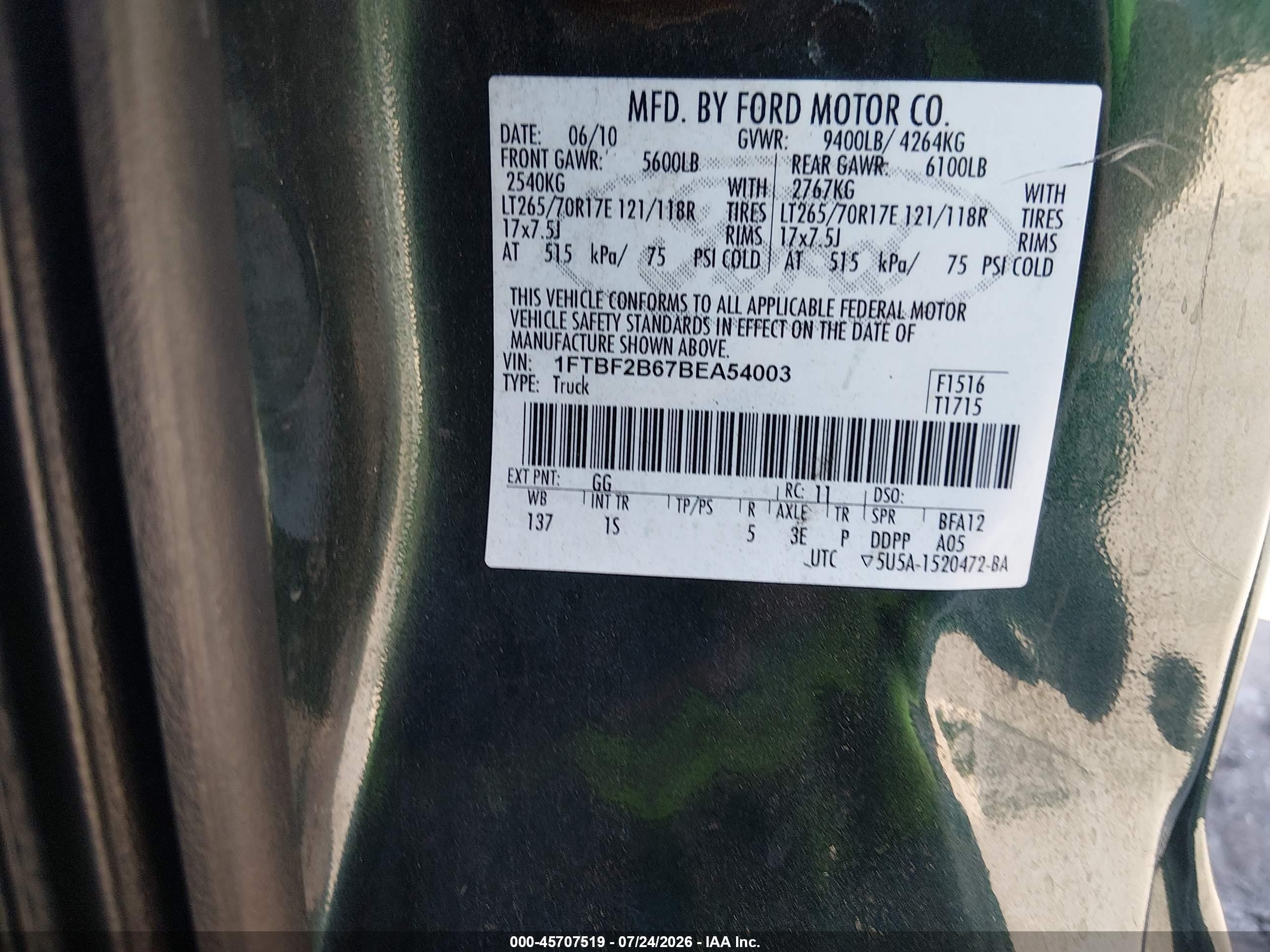 2011 Ford F-250 Xl Green vin: 1FTBF2B67BEA54003