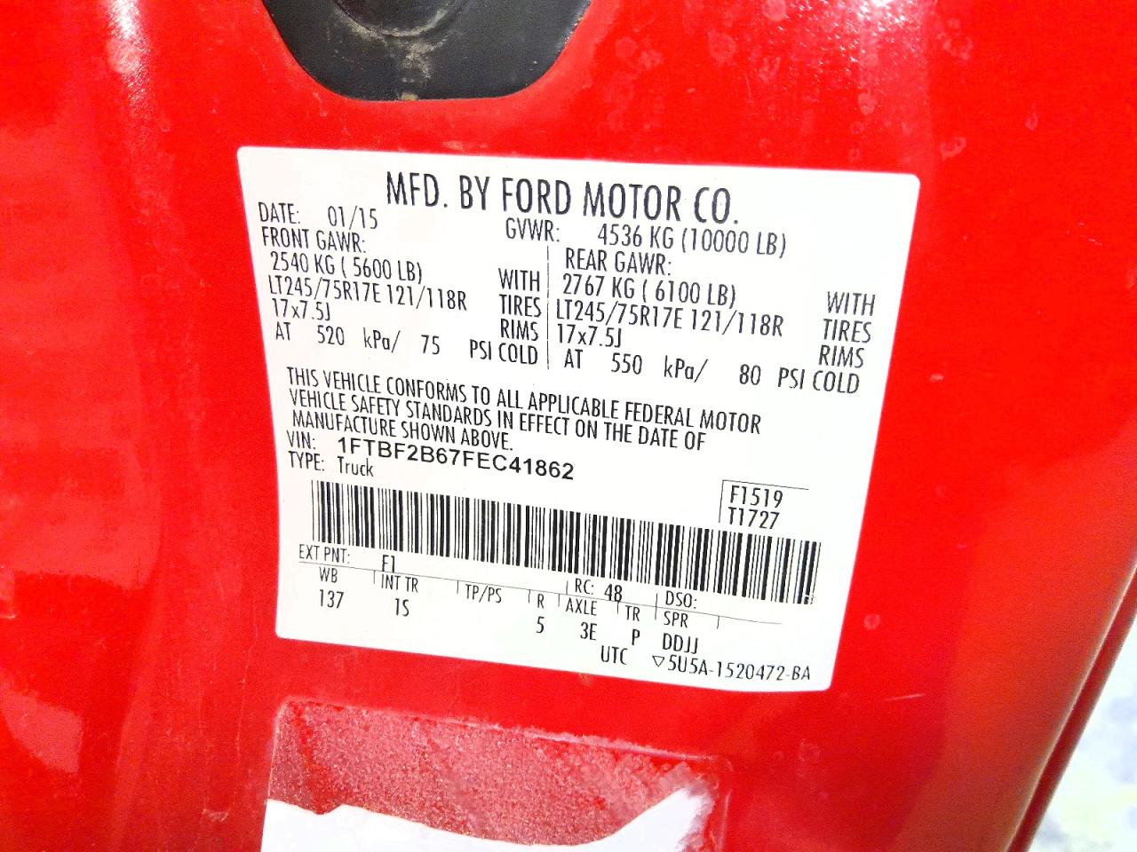 2015 Ford F250 Super Duty Red vin: 1FTBF2B67FEC41862