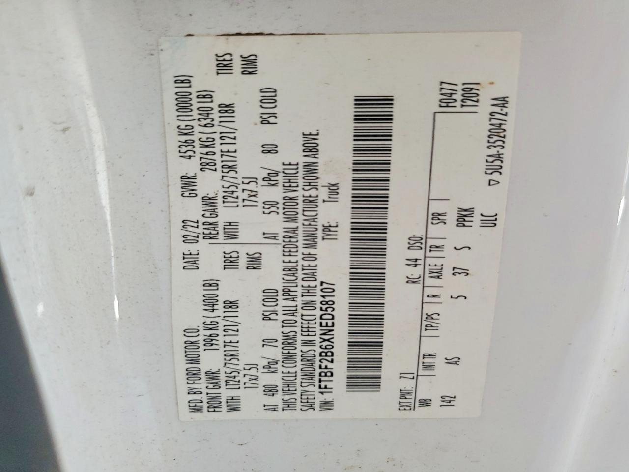 2022 Ford F250 Super Duty White vin: 1FTBF2B6XNED58107