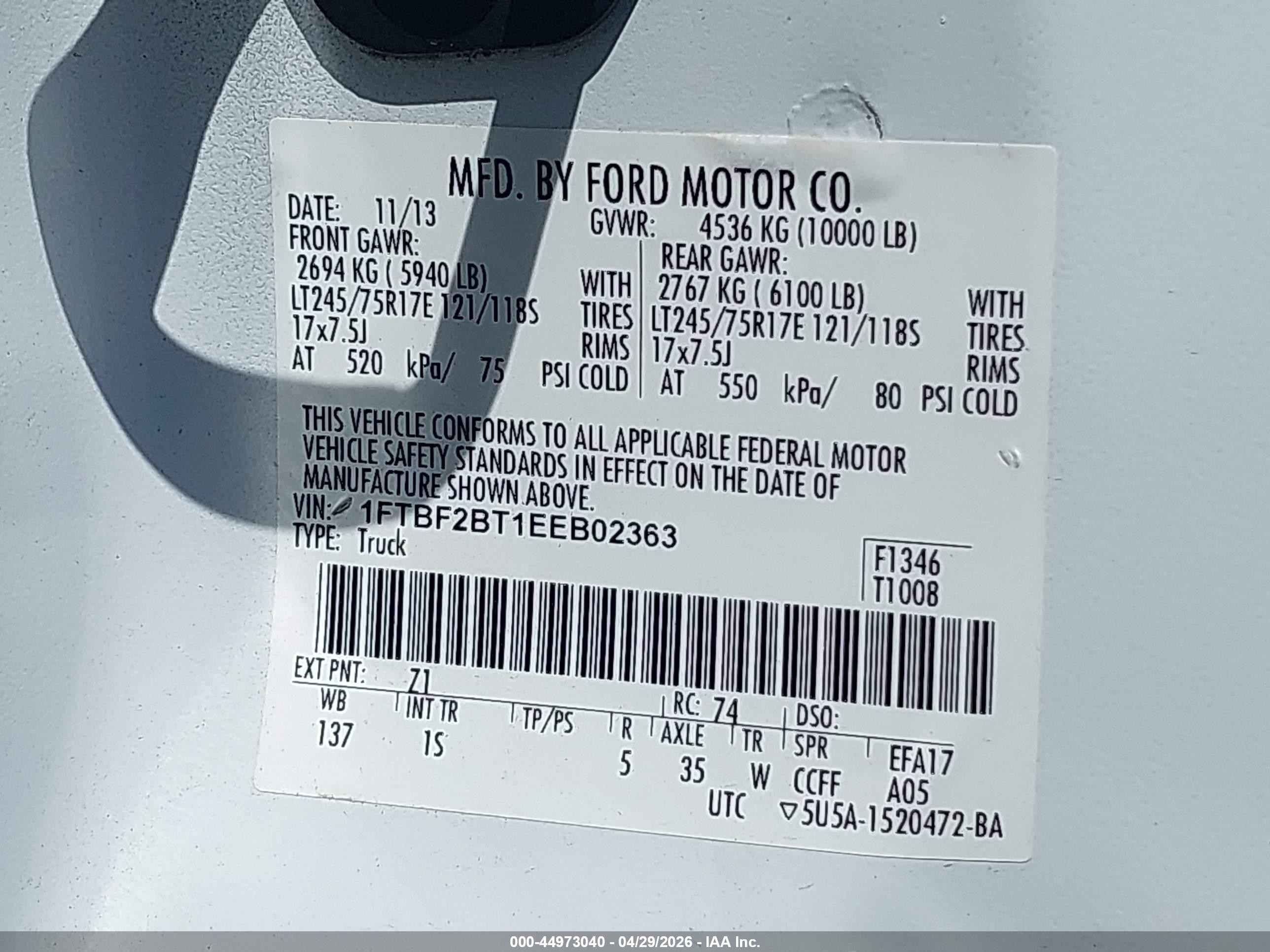 2014 Ford F-250 Xl White vin: 1FTBF2BT1EEB02363