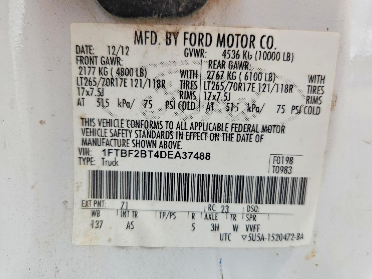 2013 Ford F250 Super Duty White vin: 1FTBF2BT4DEA37488