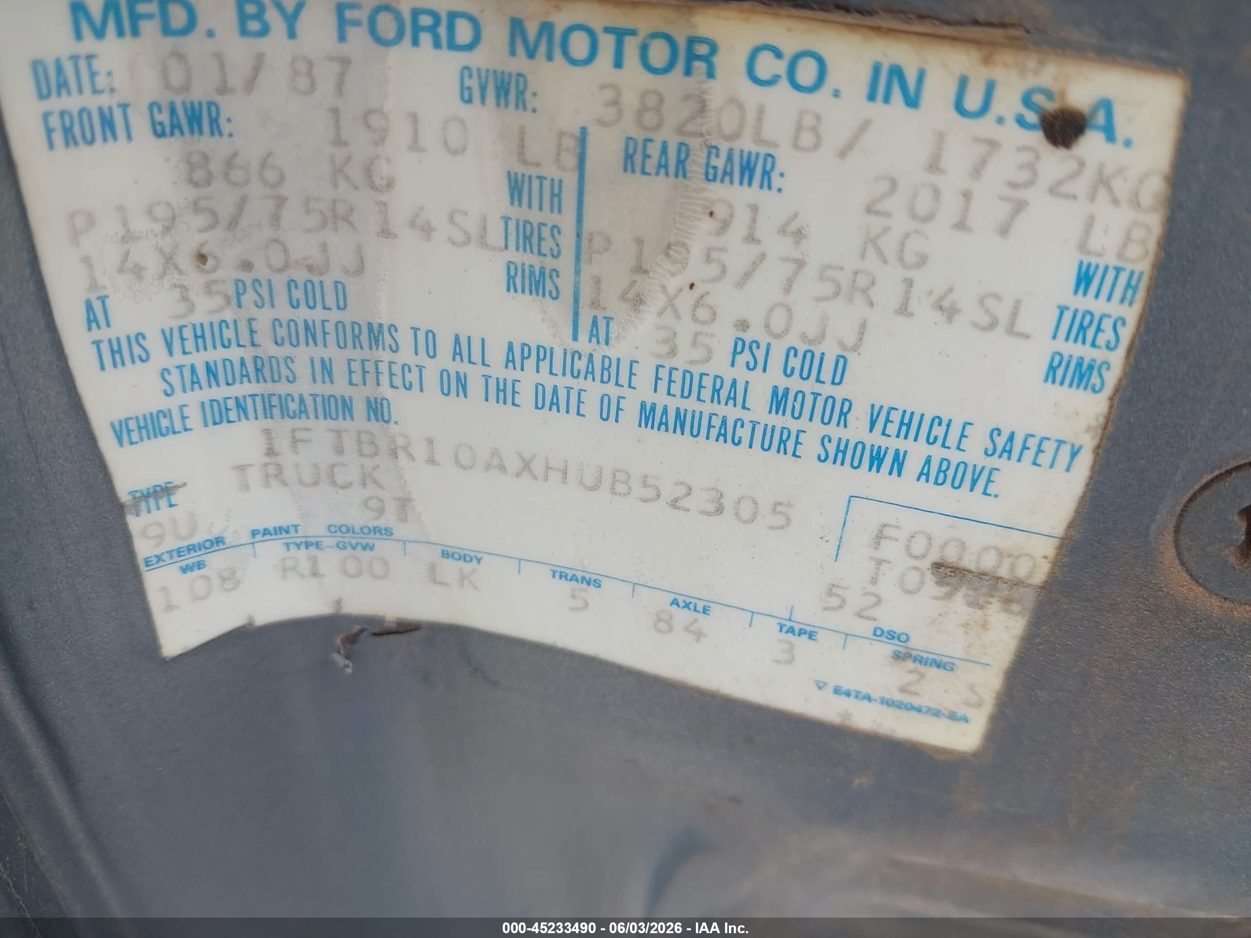 1987 Ford Ranger   Blue vin: 1FTBR10AXHUB52305