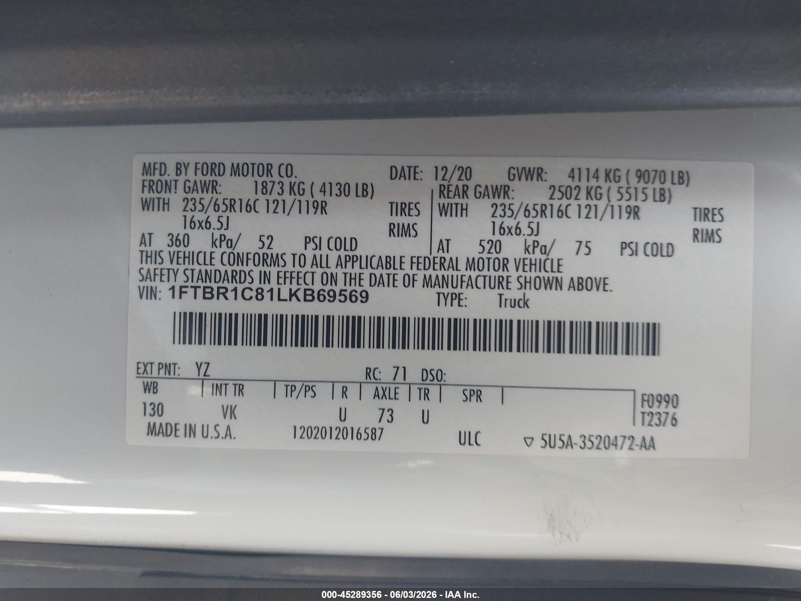 2020 Ford Transit-250 White vin: 1FTBR1C81LKB69569