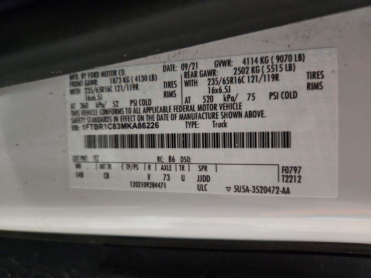 2021 Ford Transit T-250 White vin: 1FTBR1C83MKA86226