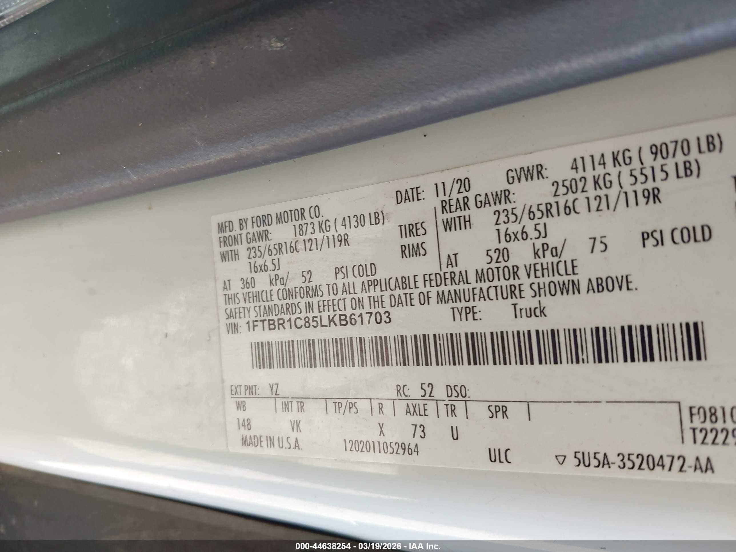 2020 Ford Transit-250   White vin: 1FTBR1C85LKB61703