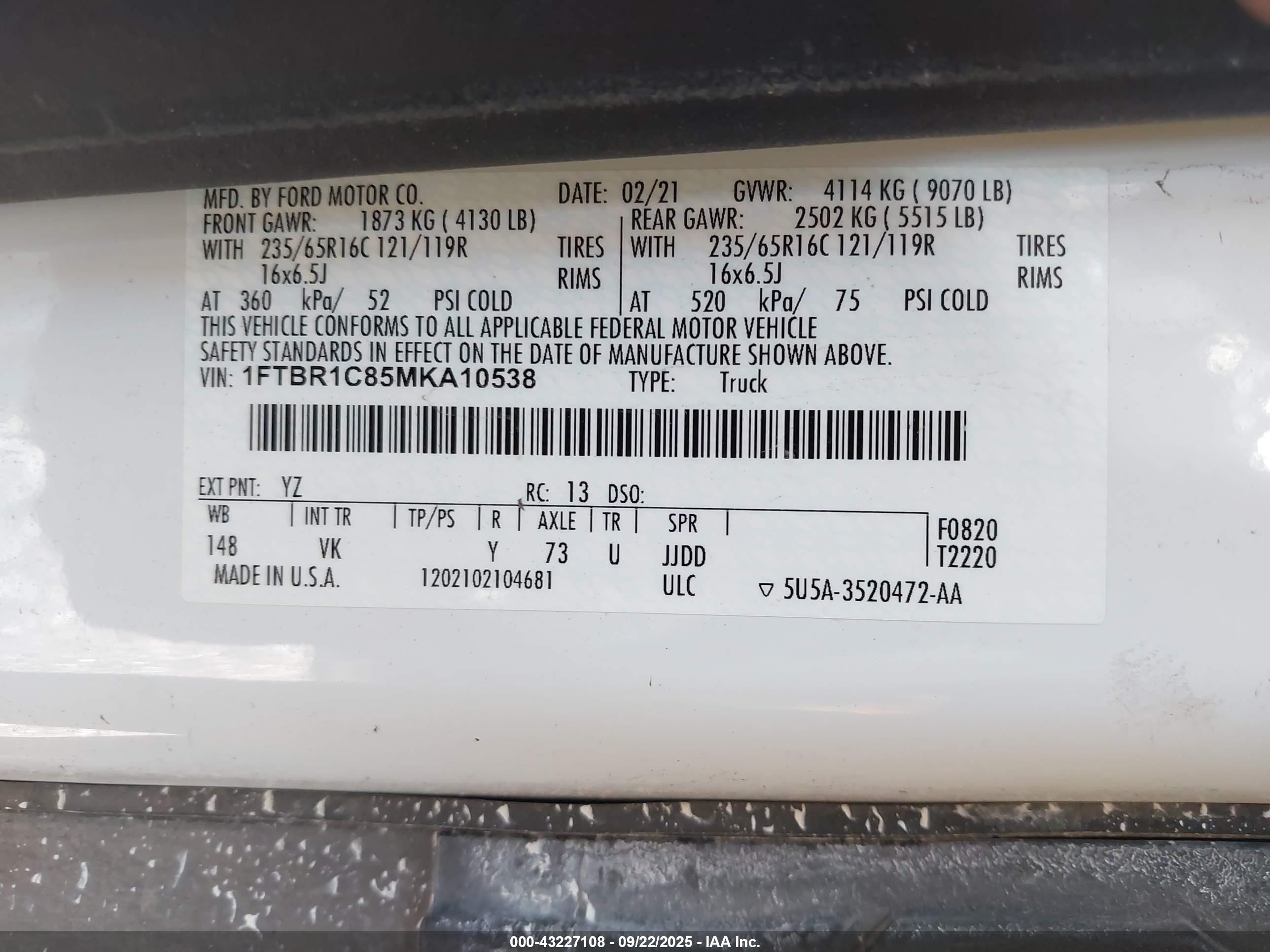 2021 Ford Transit-250   White vin: 1FTBR1C85MKA10538
