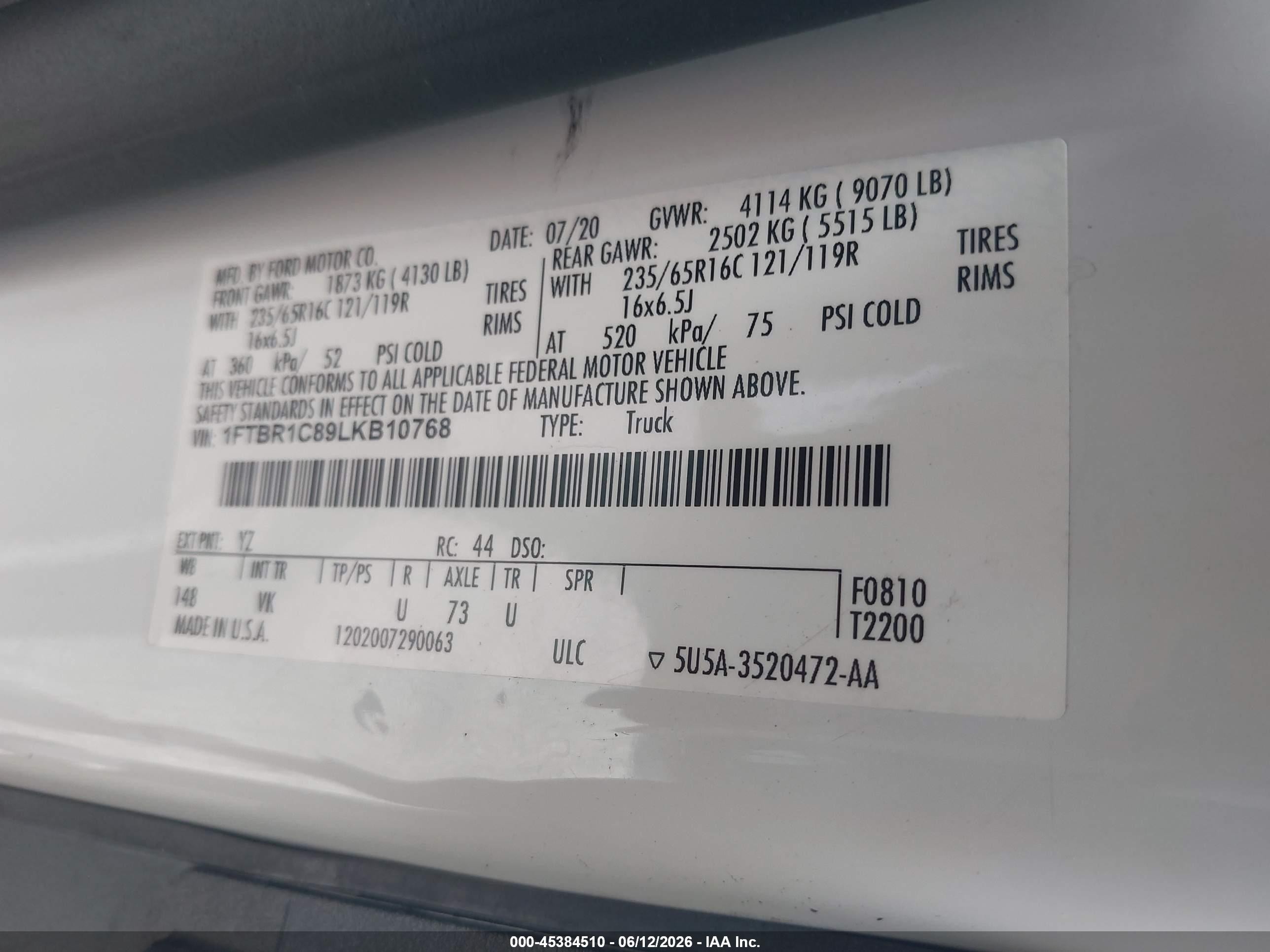 2020 Ford Transit-250 White vin: 1FTBR1C89LKB10768