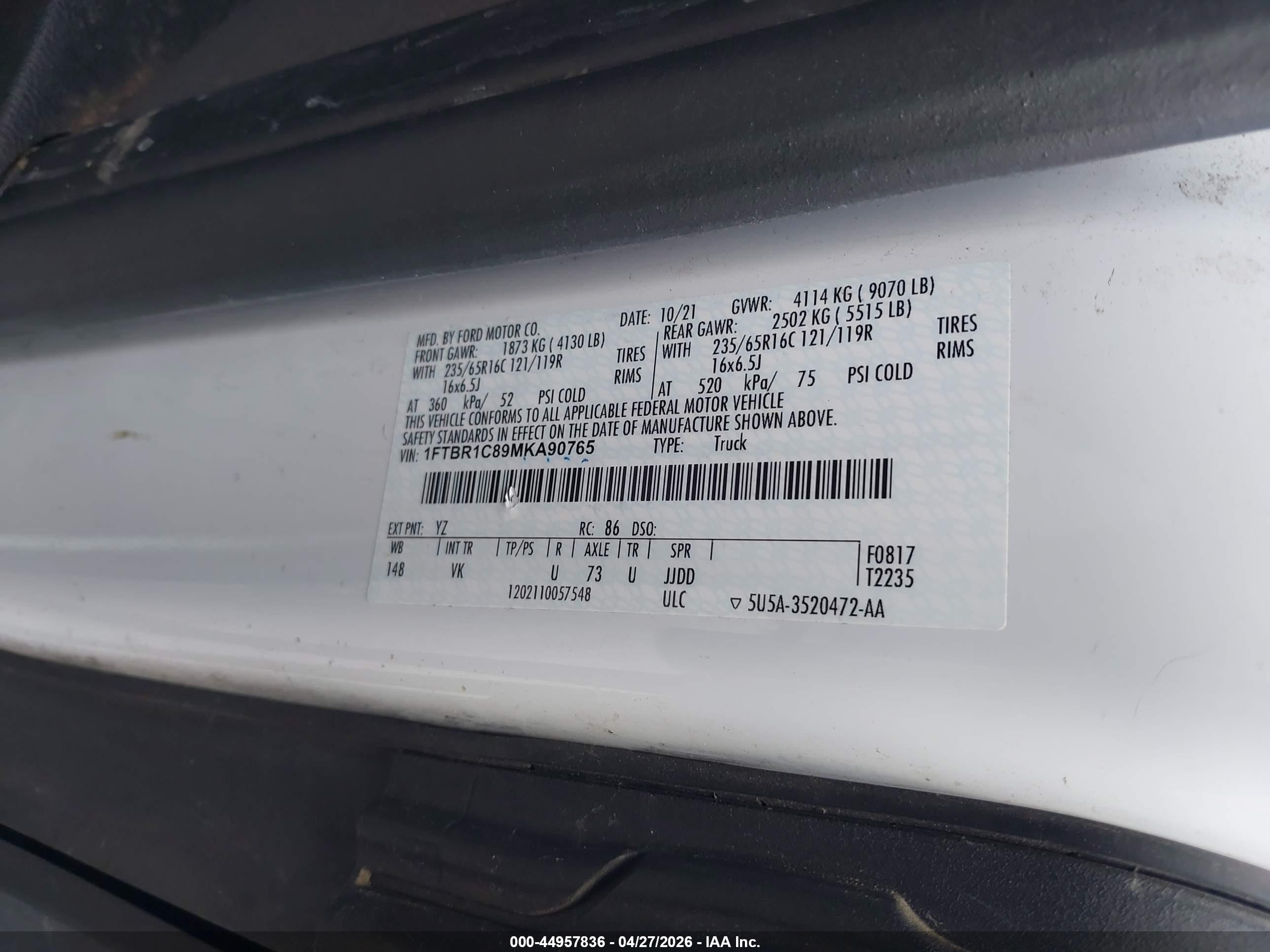 2021 Ford Transit-250   White vin: 1FTBR1C89MKA90765