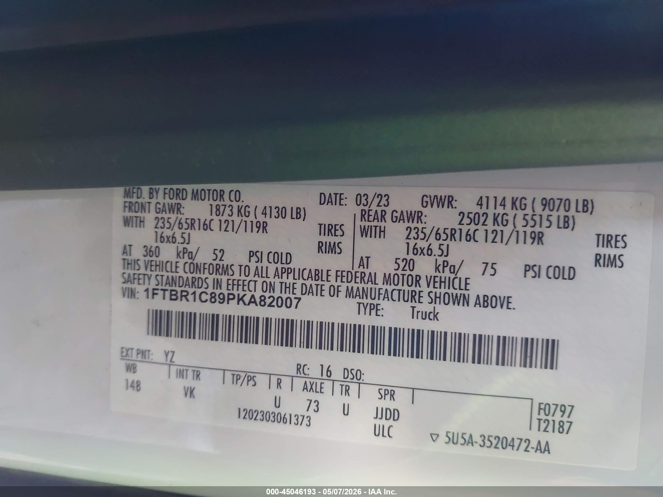 2023 Ford Transit-250   White vin: 1FTBR1C89PKA82007