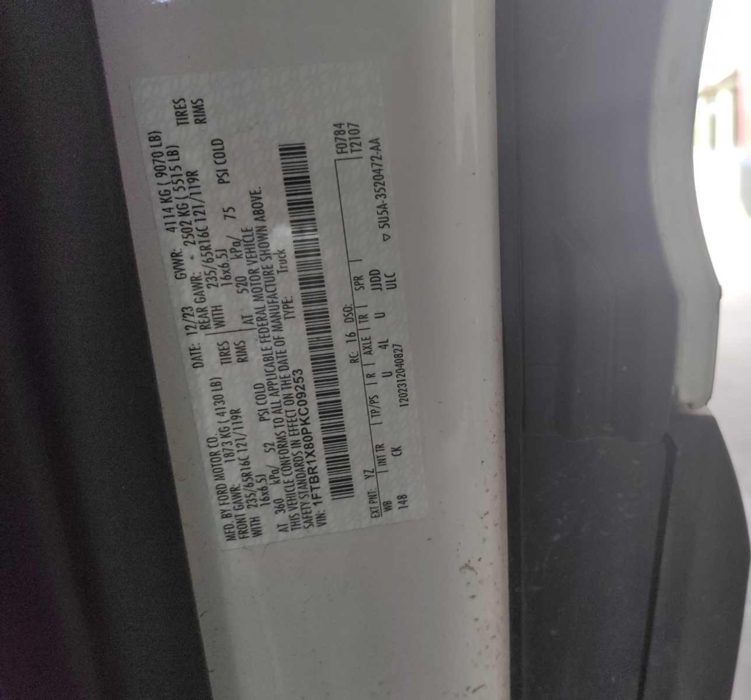 2023 Ford Transit T-250 vin: 1FTBR1X80PKC09253