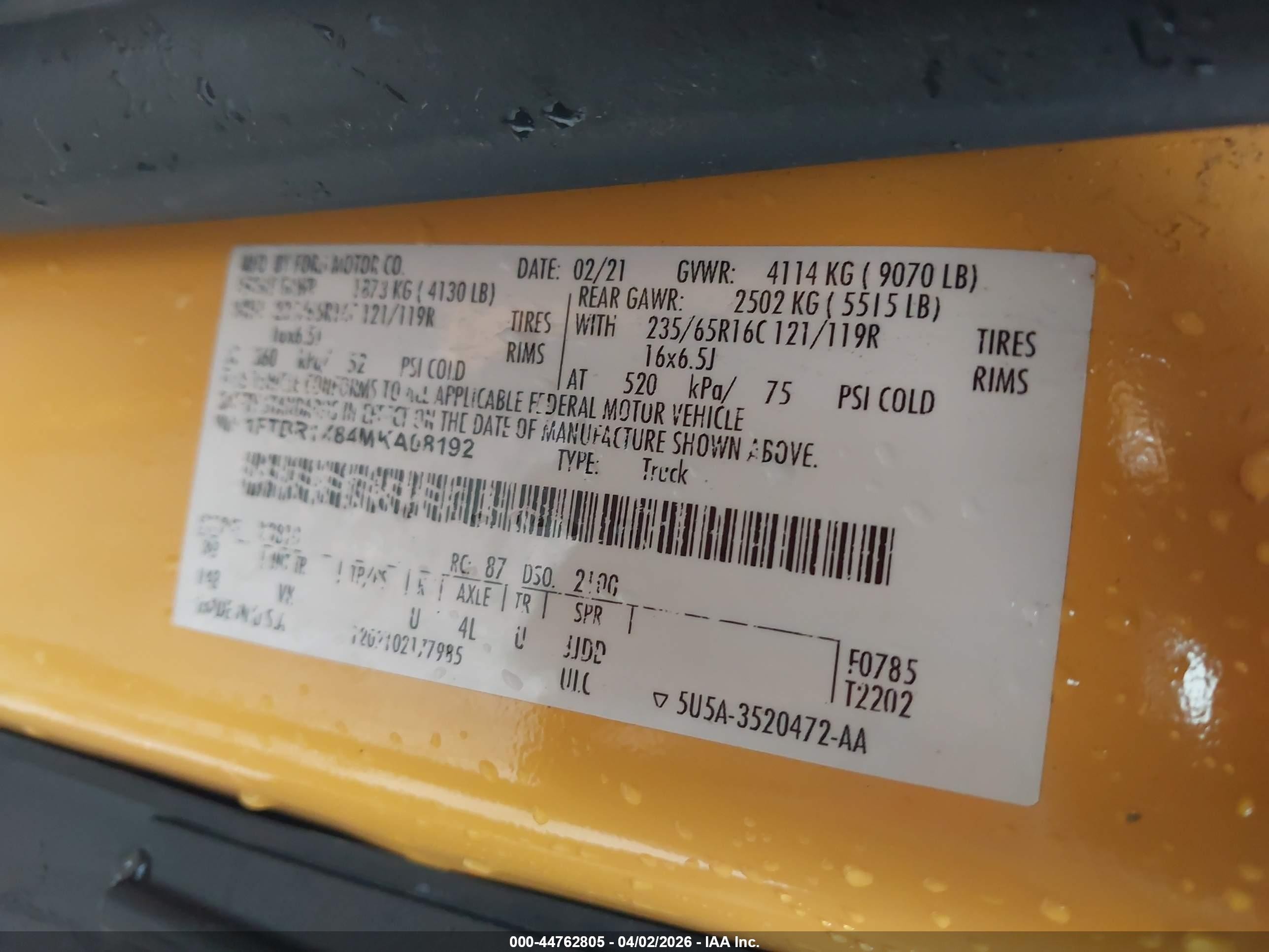 2021 Ford Transit-250   Yellow vin: 1FTBR1X84MKA08192
