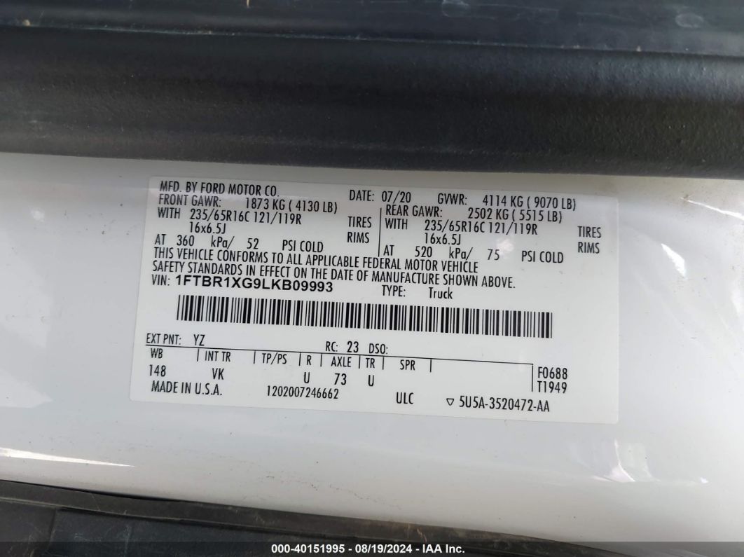 2020 Ford Transit-250   White vin: 1FTBR1XG9LKB09993