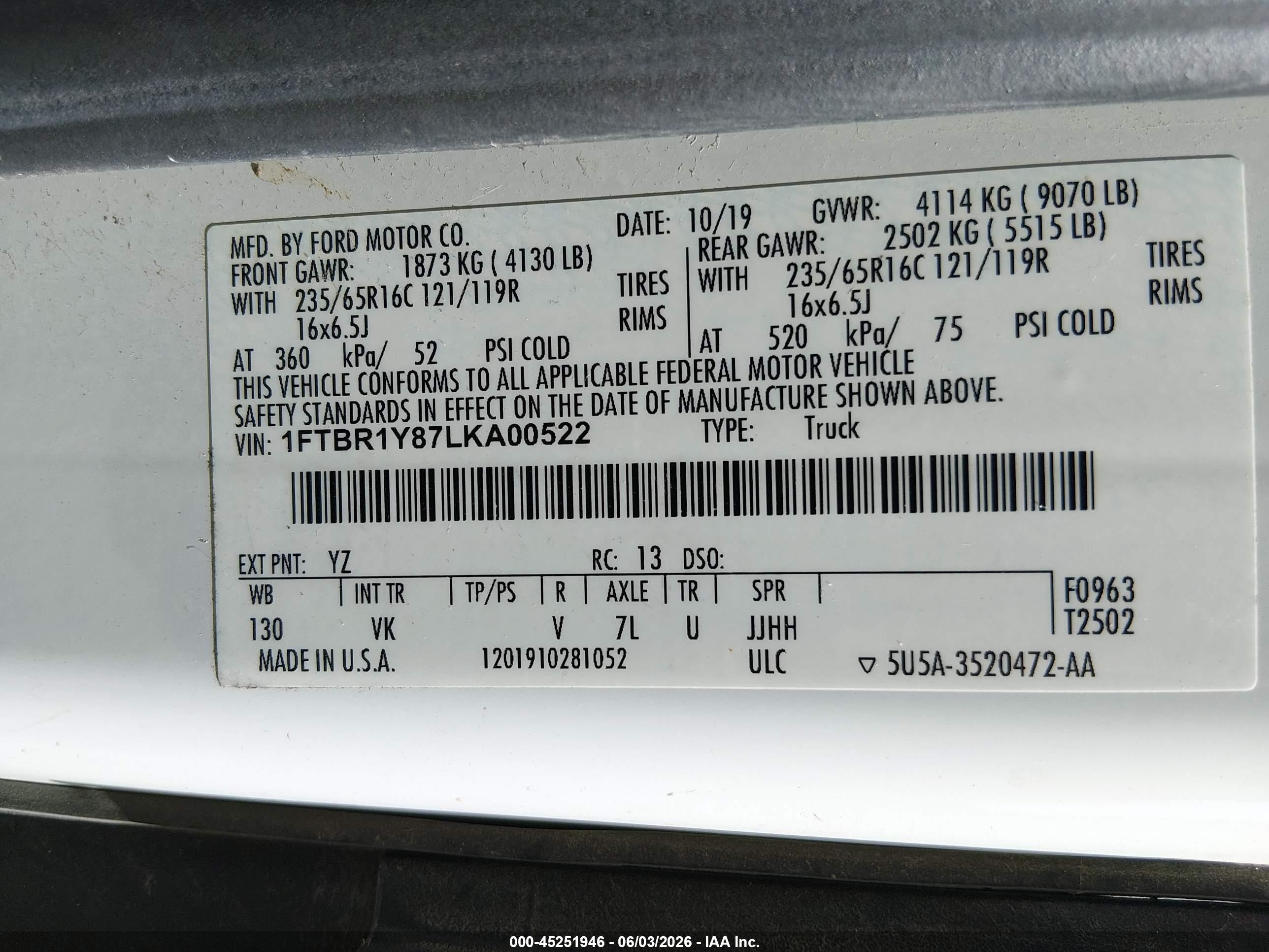 2020 Ford Transit-250   White vin: 1FTBR1Y87LKA00522