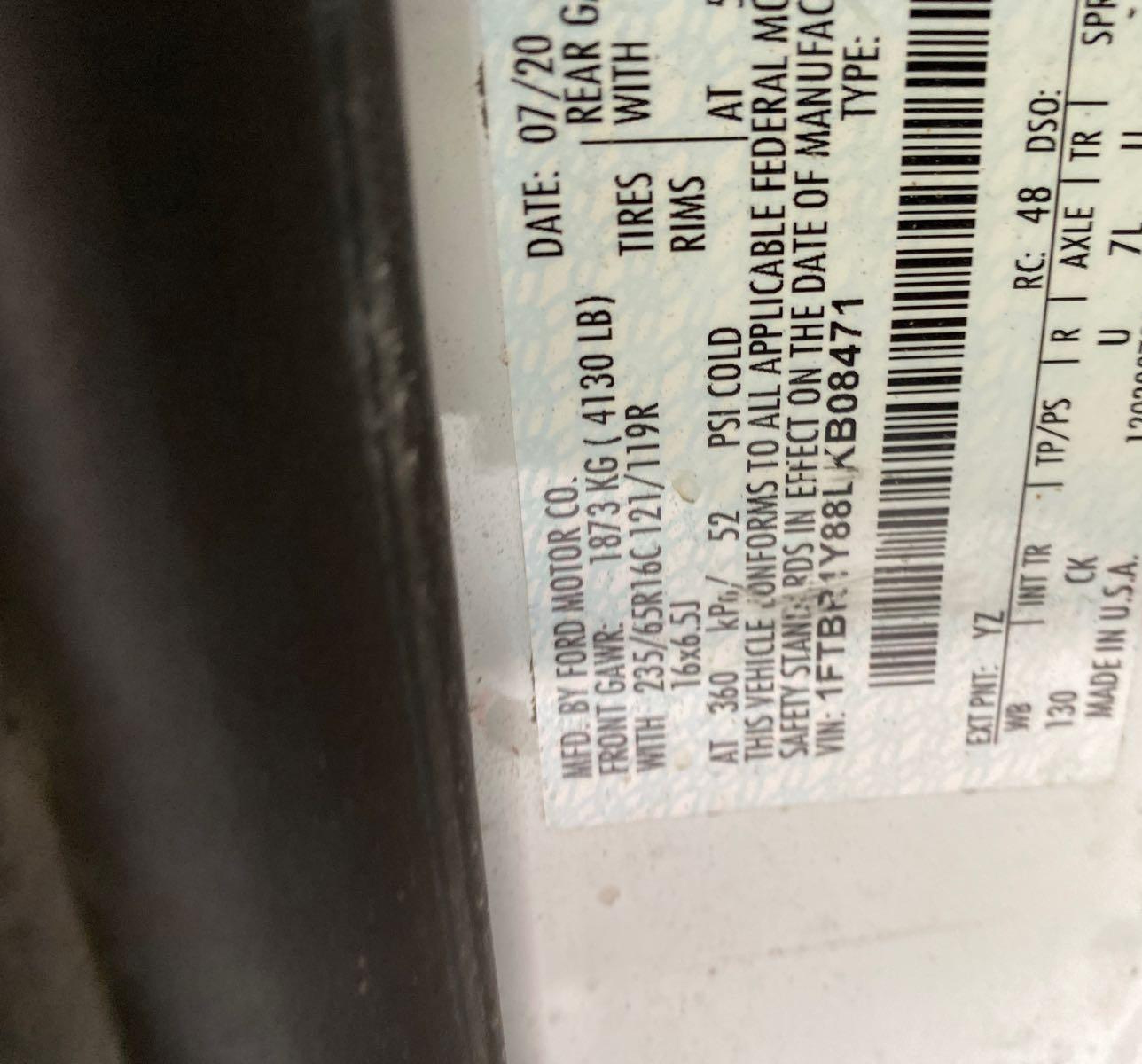 2020 Ford Transit-250   vin: 1FTBR1Y88LKB08471
