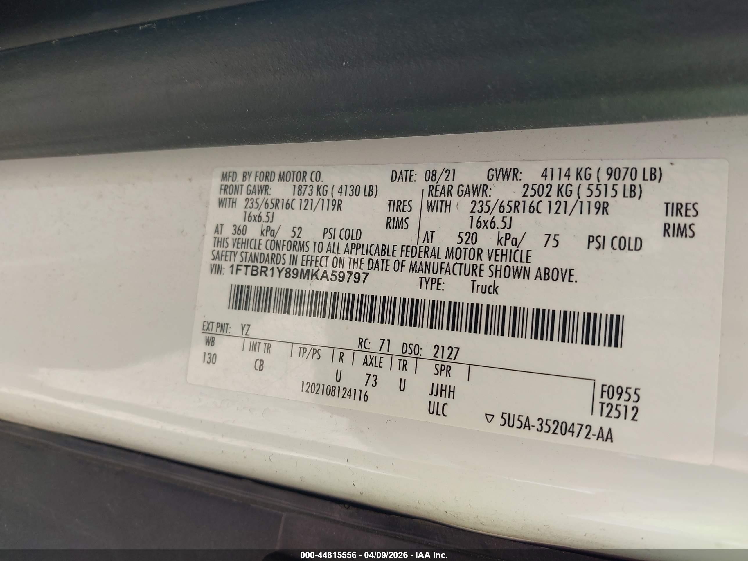 2021 Ford Transit-250   White vin: 1FTBR1Y89MKA59797