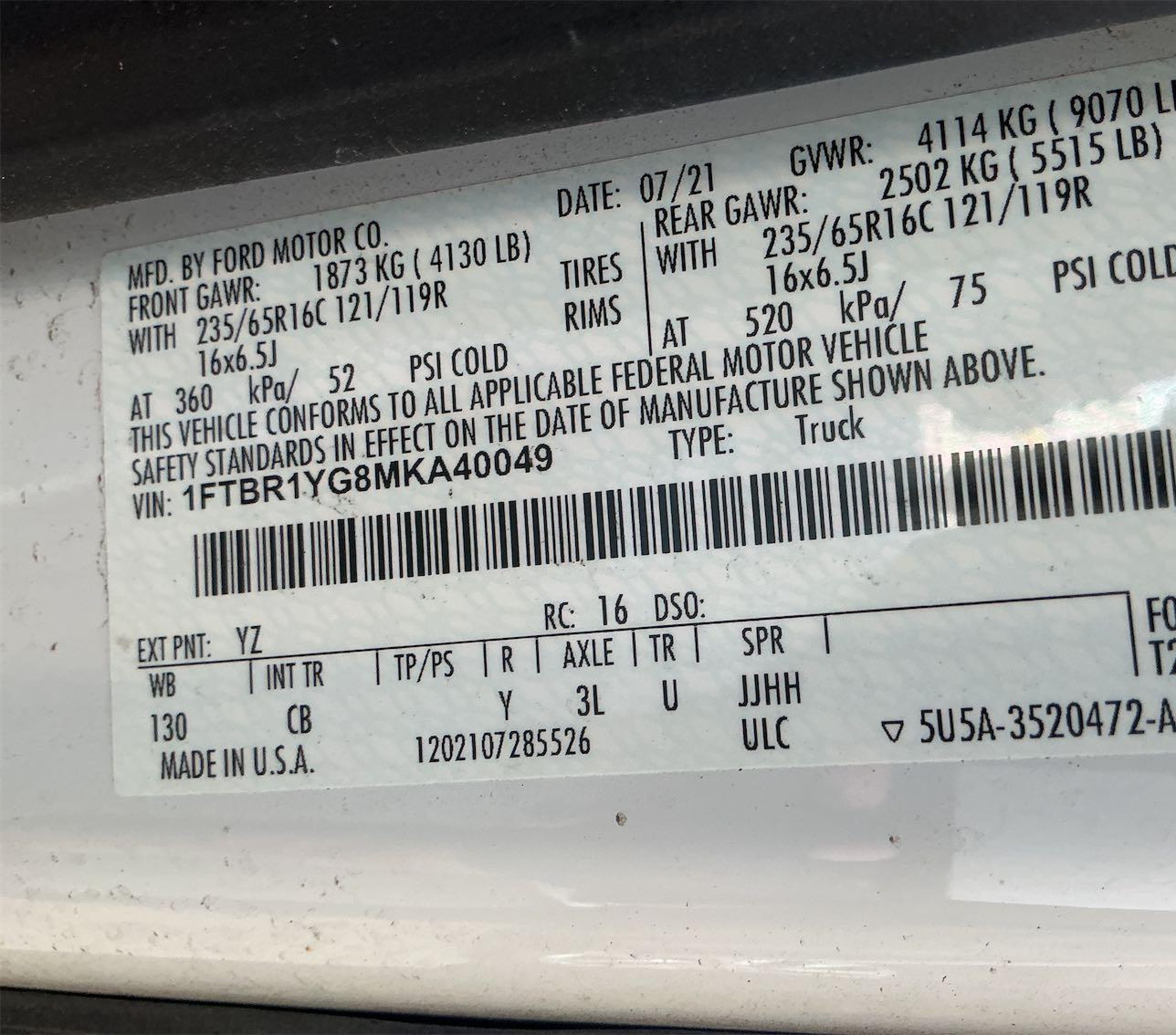 2021 Ford Transit T-250 vin: 1FTBR1YG8MKA40049