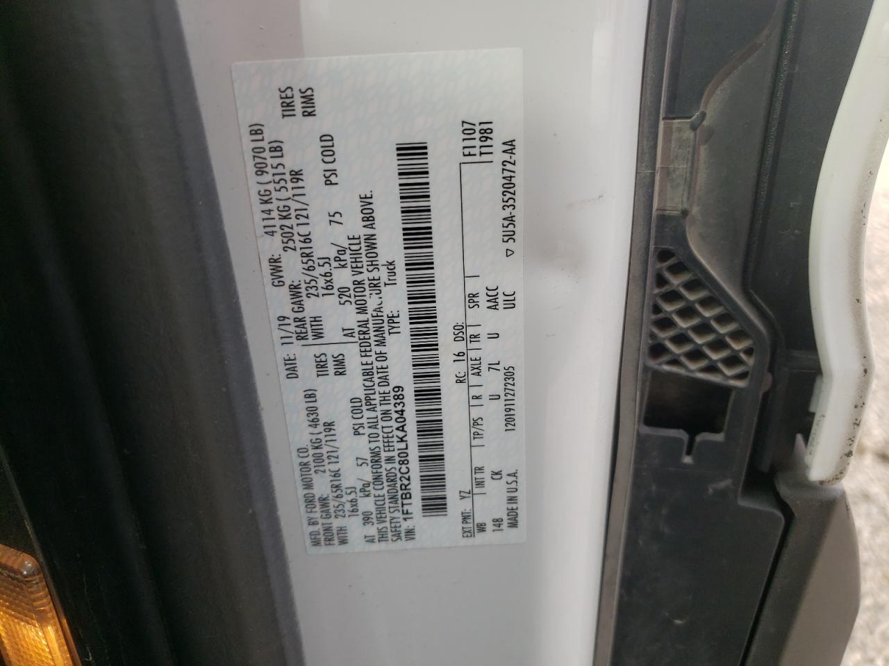 2020 Ford Transit T-250 White vin: 1FTBR2C80LKA04389