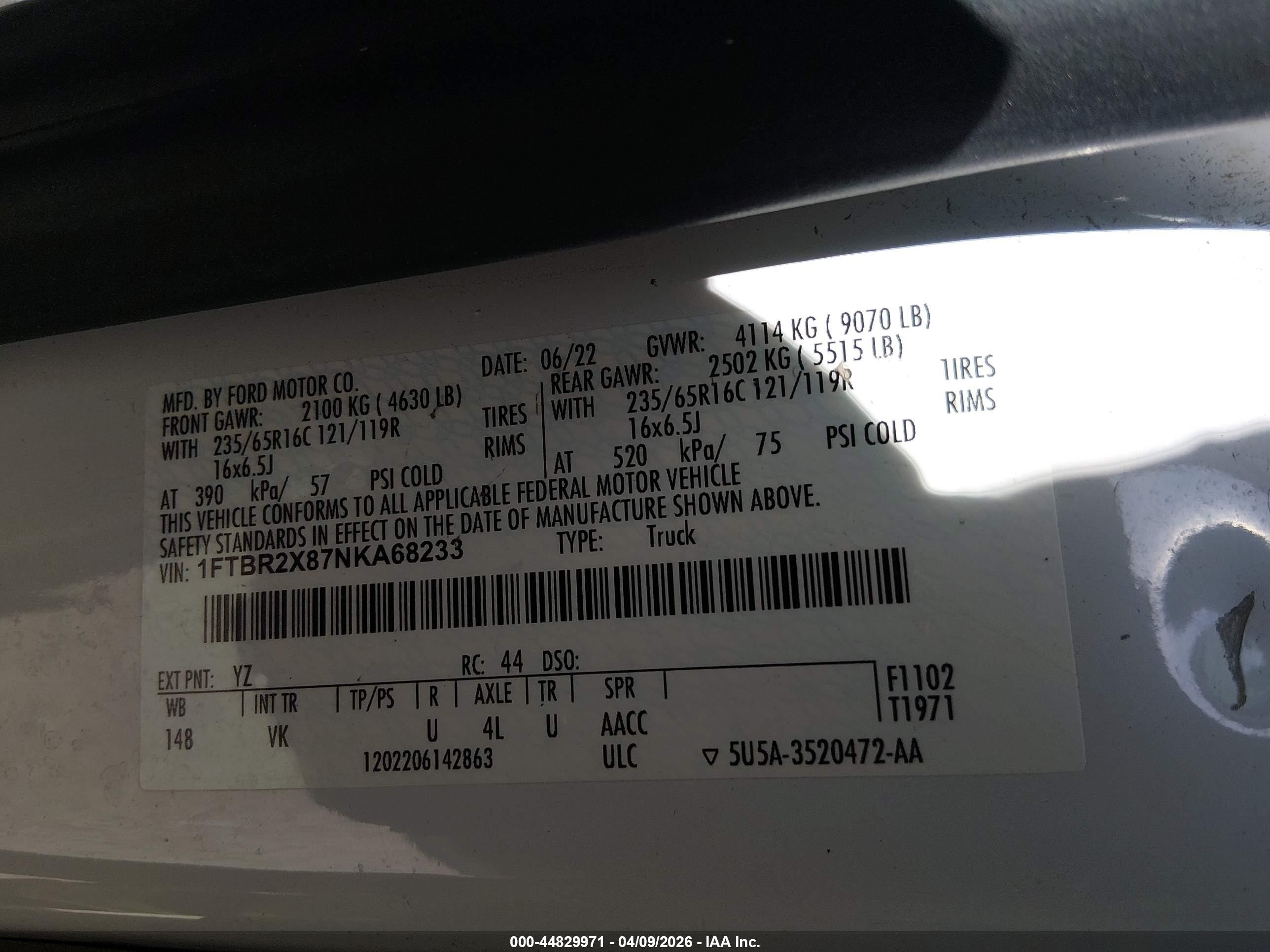 2022 Ford Transit-250   White vin: 1FTBR2X87NKA68233