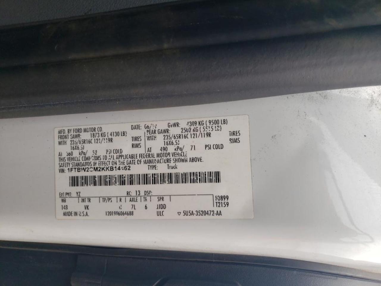 2019 Ford Transit T-350 White vin: 1FTBW2CM2KKB14462