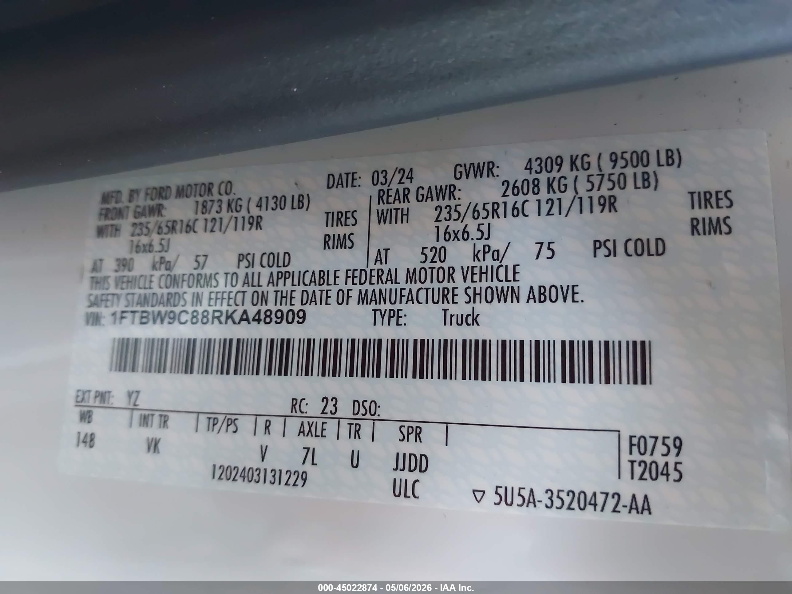 2024 Ford Transit-350   White vin: 1FTBW9C88RKA48909